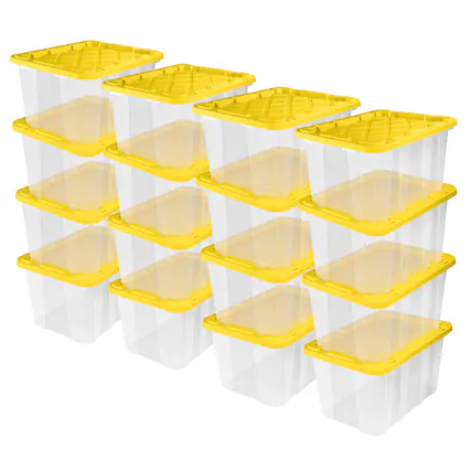 Front. Sterilite - Sterilite Industrial Storage Box with Carrying Handles, 27 Gal, Yellow, 16 Pack - Clear/Yellow Lily Lid.