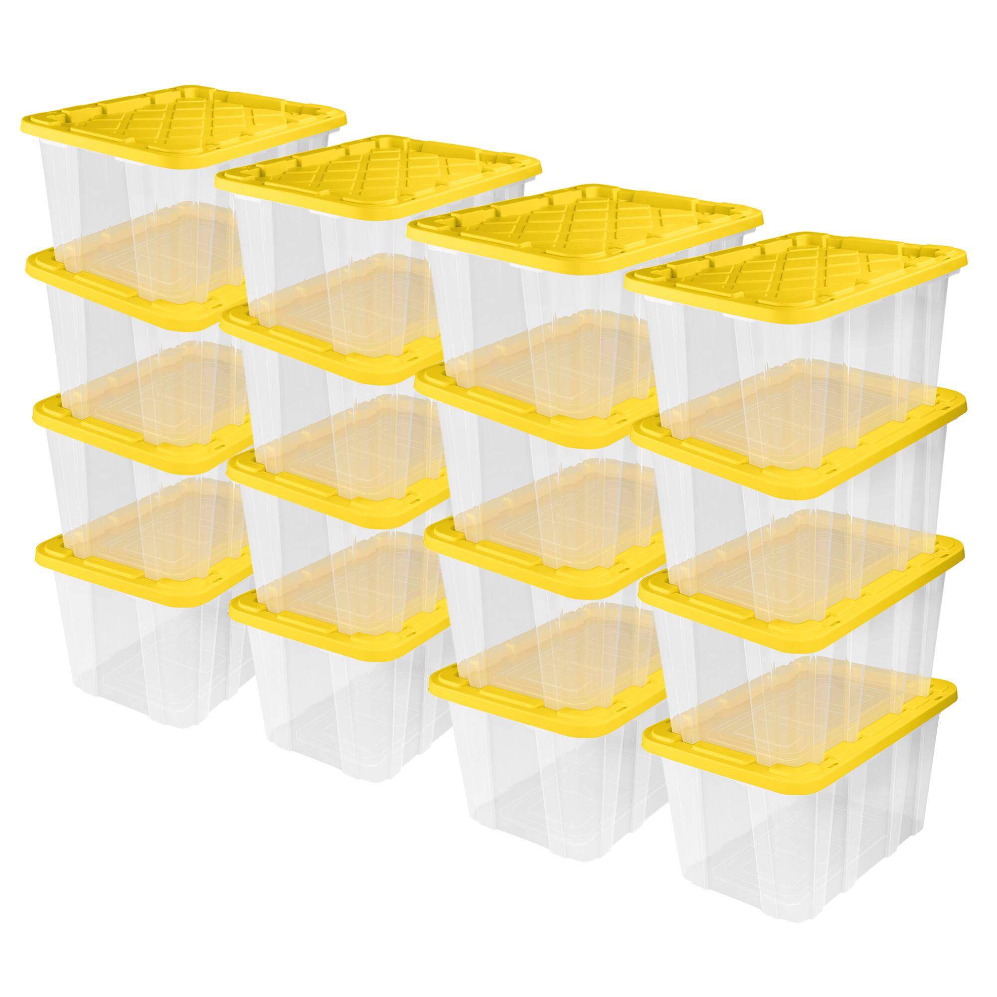 Front. Sterilite - Sterilite Industrial Storage Box with Carrying Handles, 27 Gal, Yellow, 16 Pack - Clear/Yellow Lily Lid.