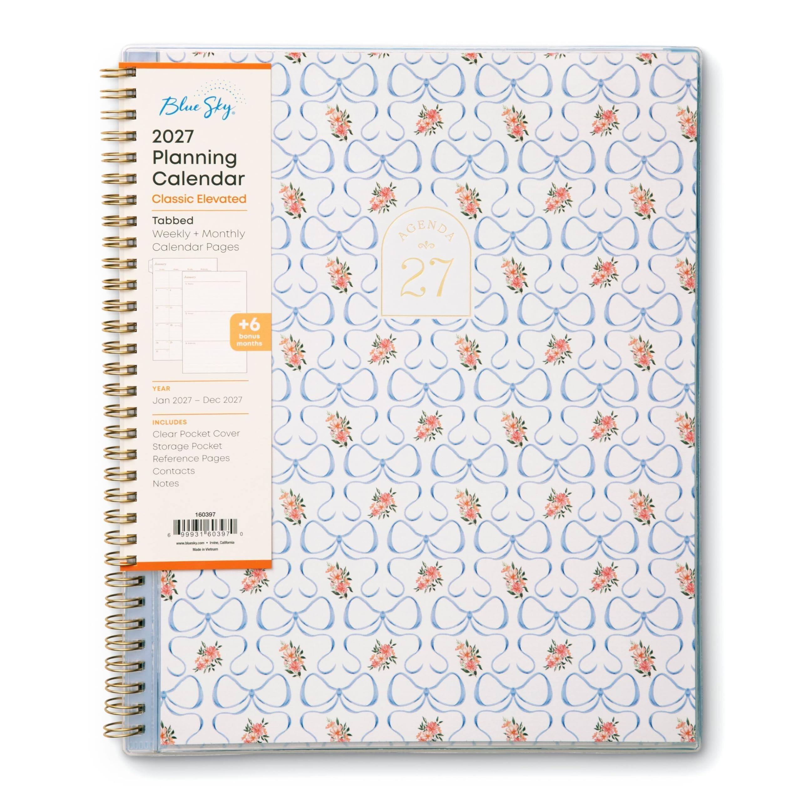 Blue Sky. 2027 Planning Calendar Classic Elevated  
Tabbed Weekly + Monthly Calendar Pages +6 bonus months  
AGENDA & 27  
YEAR Jan 2027 - Dec 2027  
INCLUDES Clear Pocket Cover Storage Pocket Reference Pages Contacts Notes  
160397  
4  
99931 60397 0 caltomia