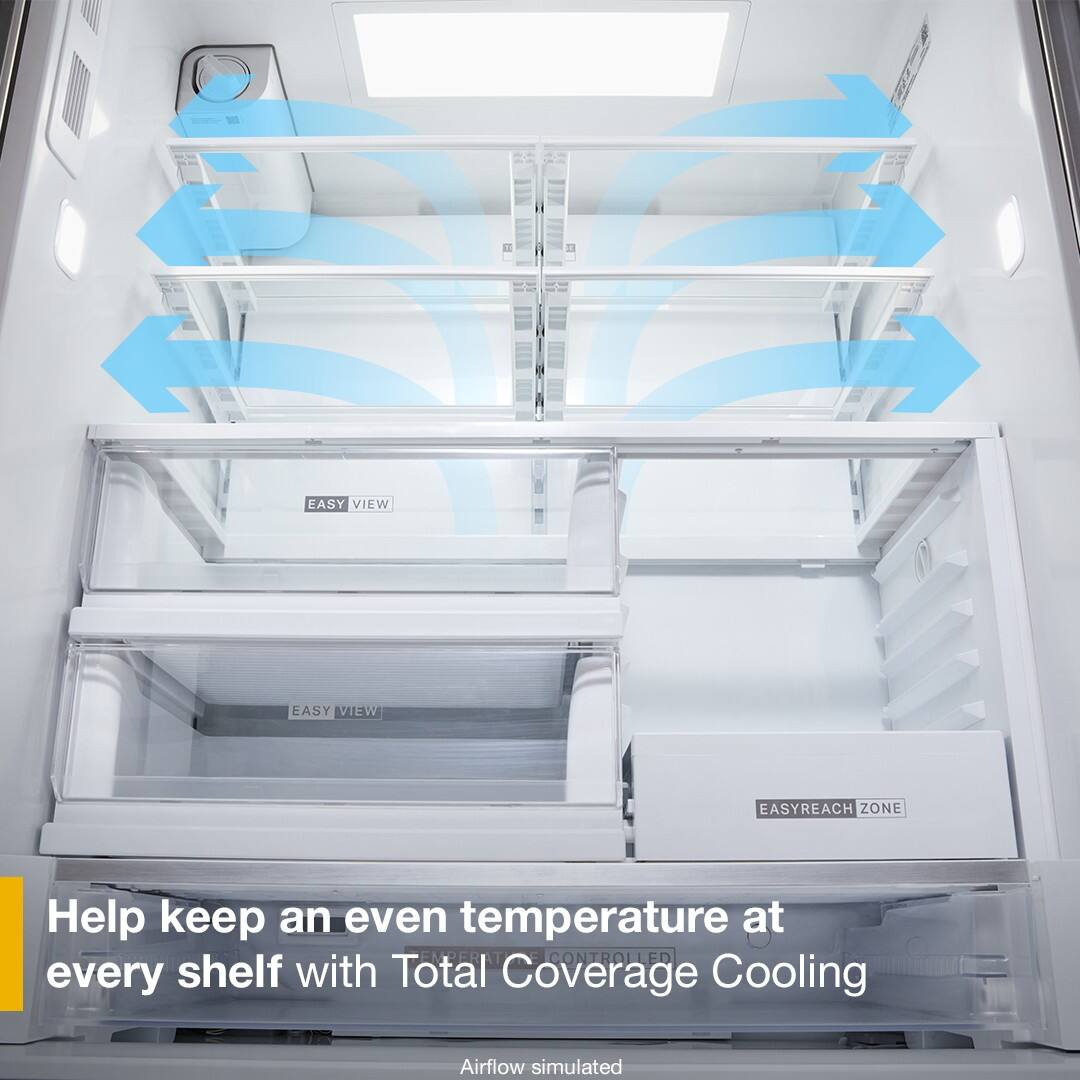 EASY VIEW  
EASY VIEW  
EASY REACH ZONE  

Help keep an even temperature at every shelf with Total Coverage Cooling Airflow simulated  

Airflow simulated