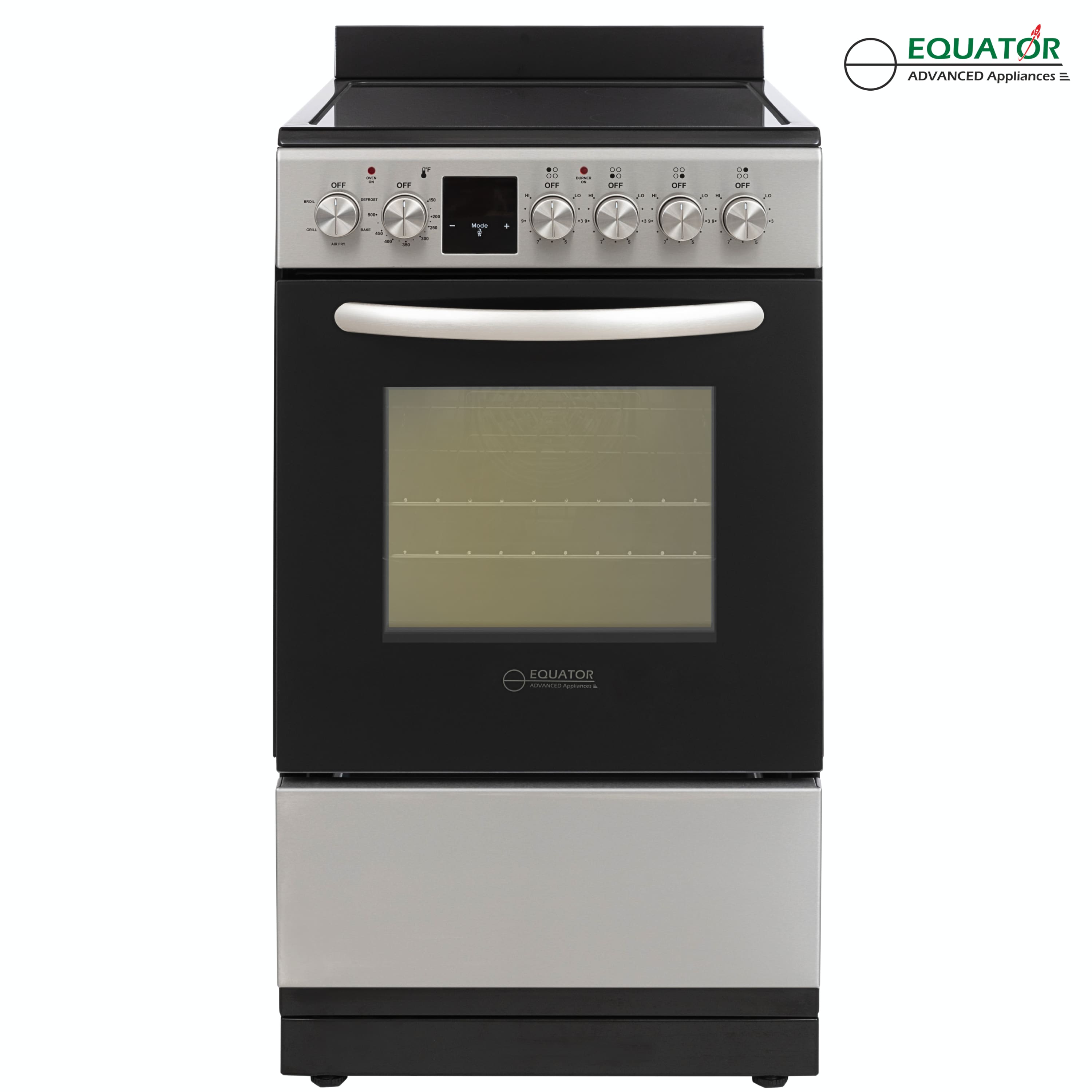 Equator - 20 inch Electric Convection Range 4 Ceramic Burner 1.9 cf Oven, Air Fryer, Bake, Grill, Broil -Drawer 220 V - Stainless Steel