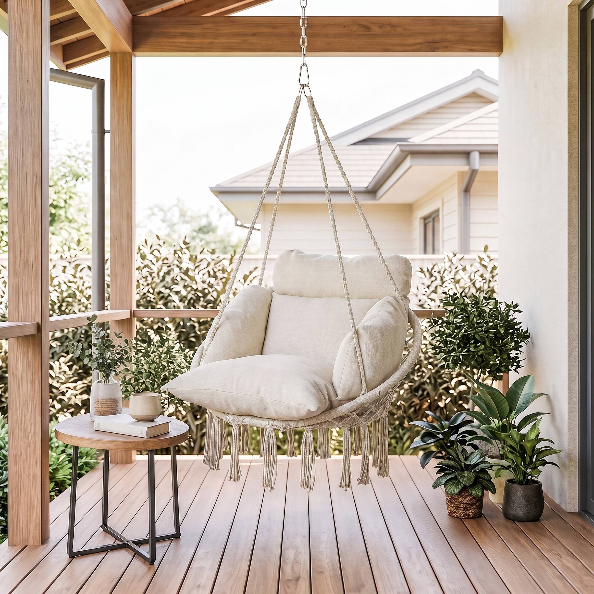 Alt View 8. Outsunny - Swing Chair, Macrame Hanging Chair with Large Cushion, Chain, Steel Frame for Indoor Outdoor Use - Cream White.