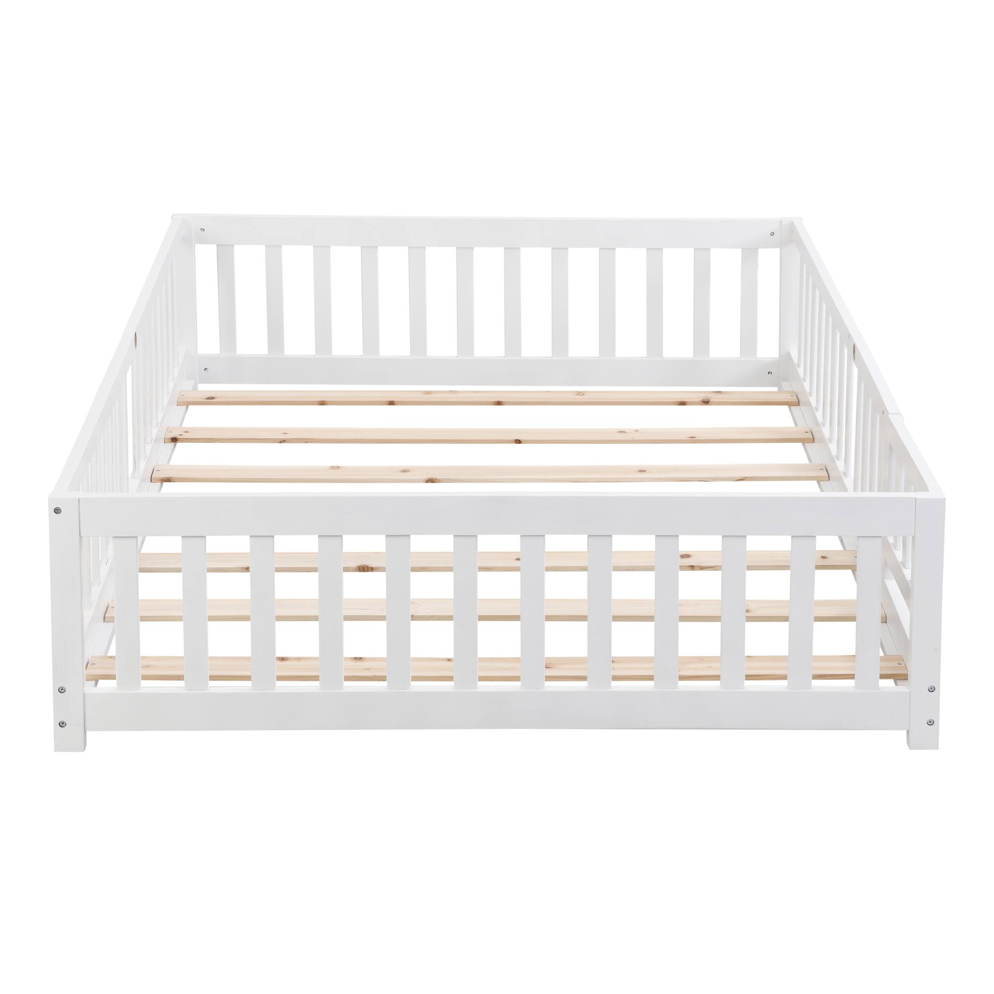 Left. GOODSILO - Twin Size Solid Wood Platform Floor Bed with Safety Guardrails and Door for Children's Room - White.