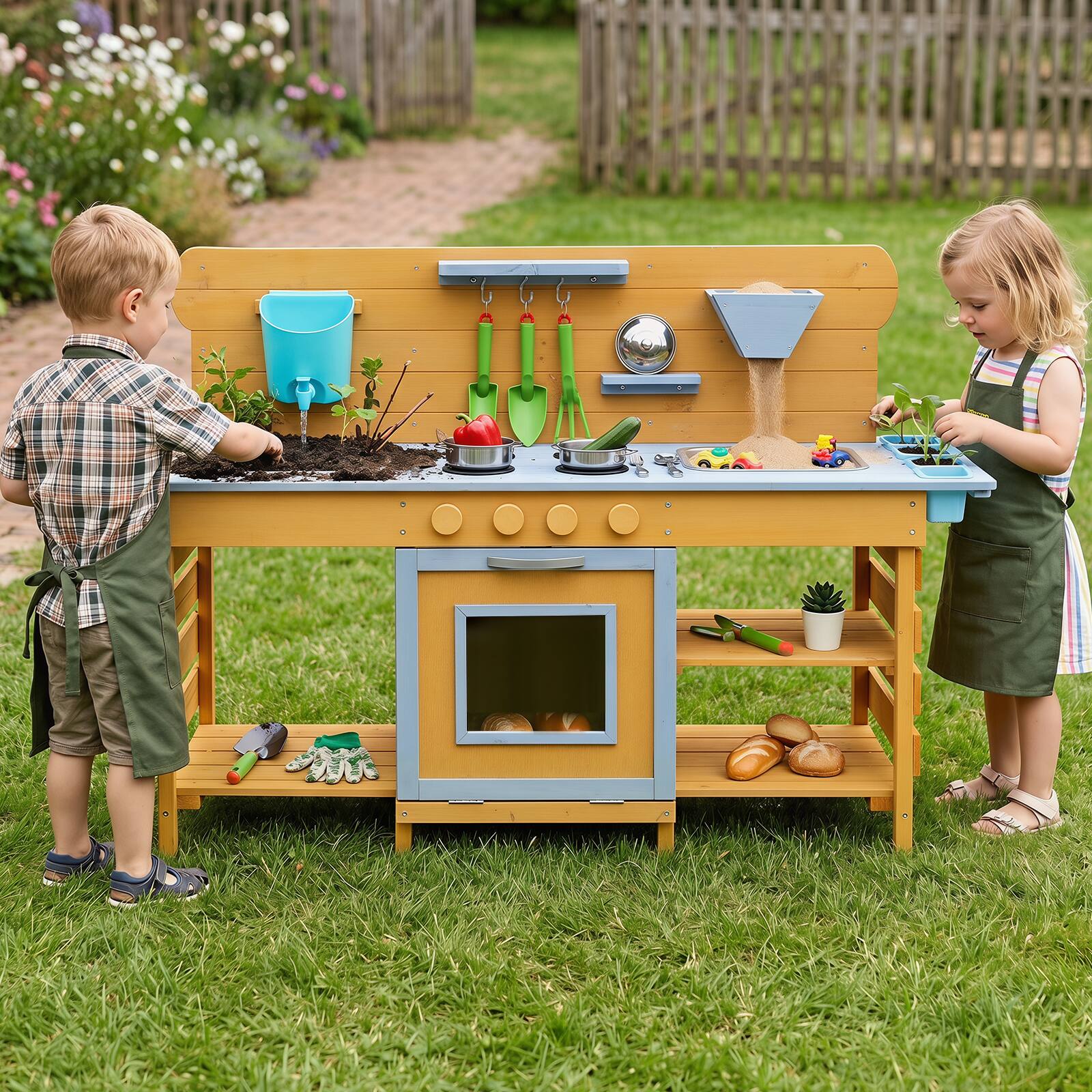 Alt View 1. Costway - Costway Mud Kitchen for Kids,Wooden Pretend Play Kitchen with 2 Sinks, Water Tank, 4 Stoves - Natural.