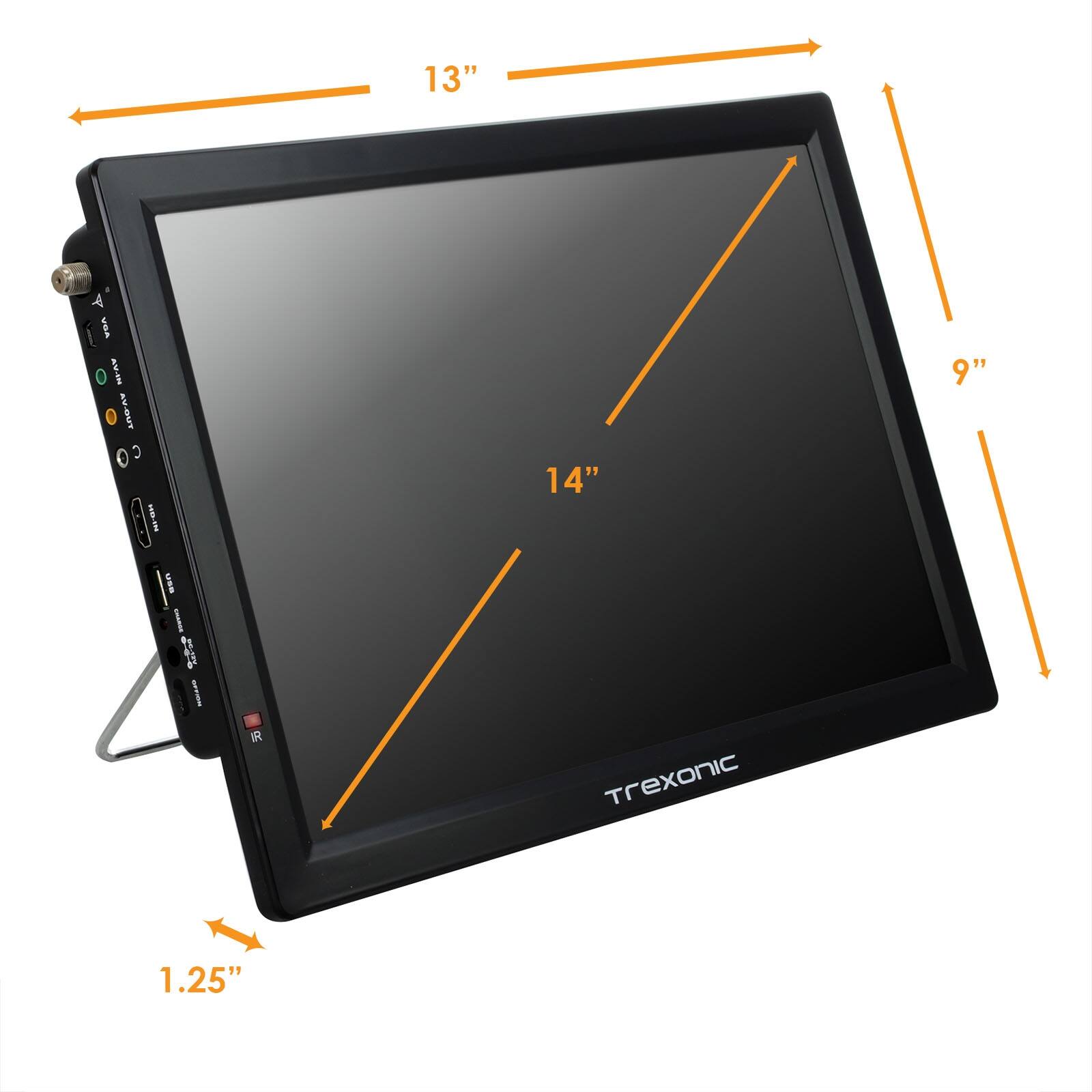 The image shows a Trexonic 14" monitor with a diagonal length of 14 inches. The screen size is 14" and the diagonal length is 14".