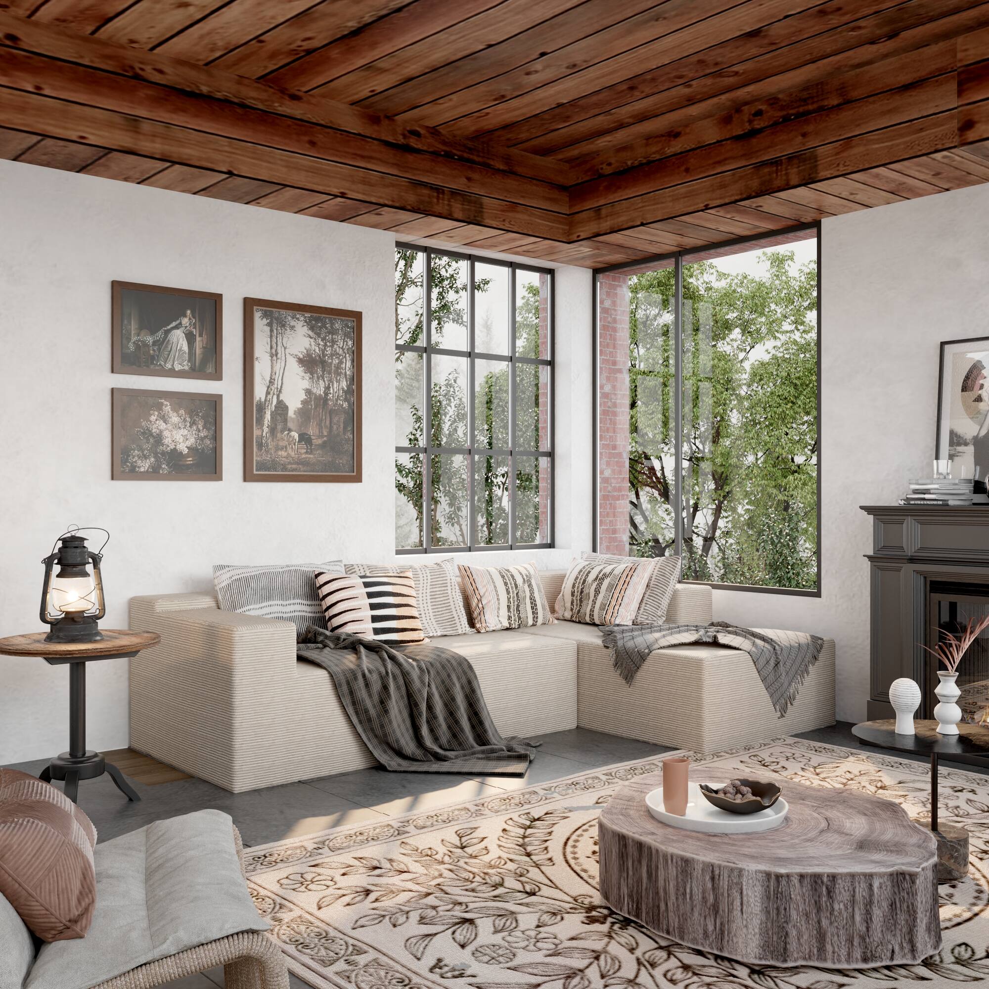 Alt View 1. FUFU&GAGA - Beige Corduroy L-Shaped Sectional Sofa with Chaise, High-Resilience Foam Cushions and Throw Pillows - Beige.