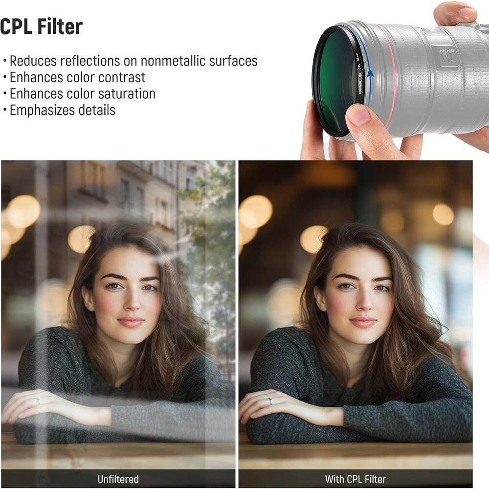 CPL Filter

- Reduces reflections on nonmetallic surfaces
- Enhances color contrast
- Enhances color saturation
- Emphasizes details

Unfiltered

With CPL Filter