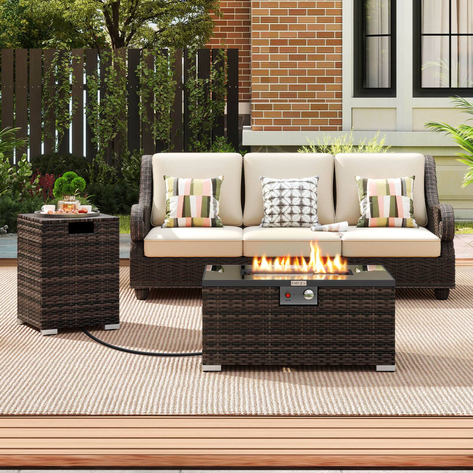 Alt View 3. Costway - Costway 2 PCS Outdoor Rattan Fire Table Set with Tank Cover Tempered Glass Tabletop - Brown.