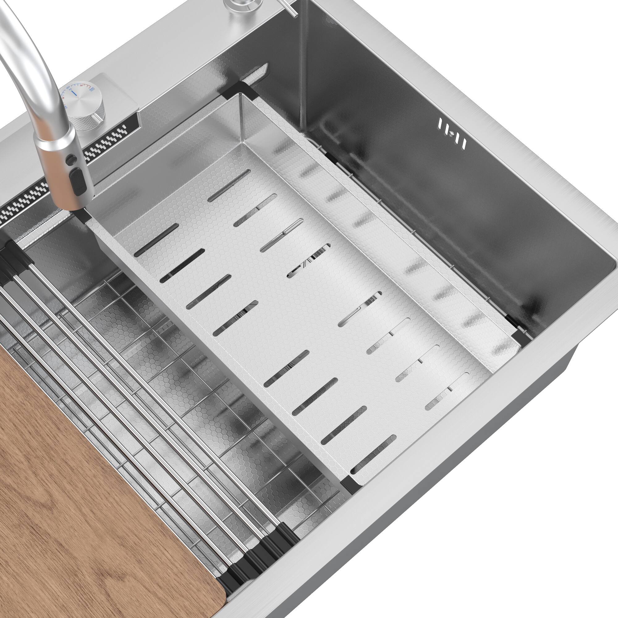 Alt View 6. Famapy - Workstation Kitchen Sink with Faucet, Drop-in Single Bowl Sink with Cup Washer & Control Knob - Matte Silver.