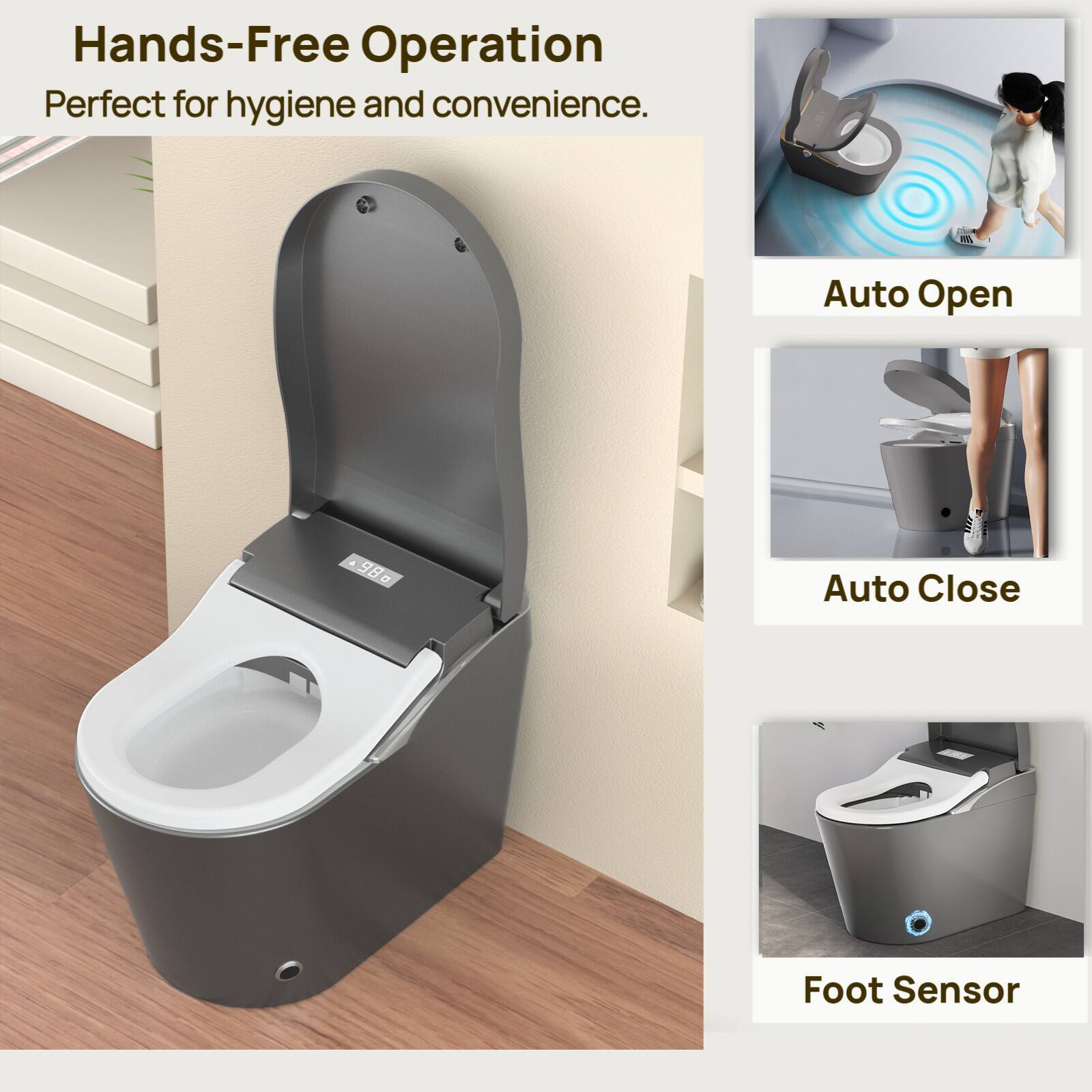 Hands-Free Operation  
Perfect for hygiene and convenience.  

Auto Open  
Auto Close  
Foot Sensor