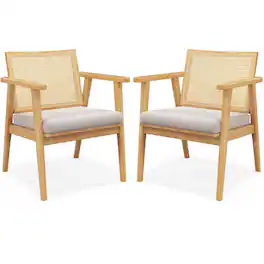 Costway - Mid Century Modern Accent Chairs Set of 2 with Breathable Rattan Back Dining Room - Natural