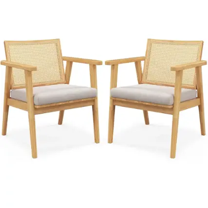 Front. Costway - Mid Century Modern Accent Chairs Set of 2 with Breathable Rattan Back Dining Room - Natural.