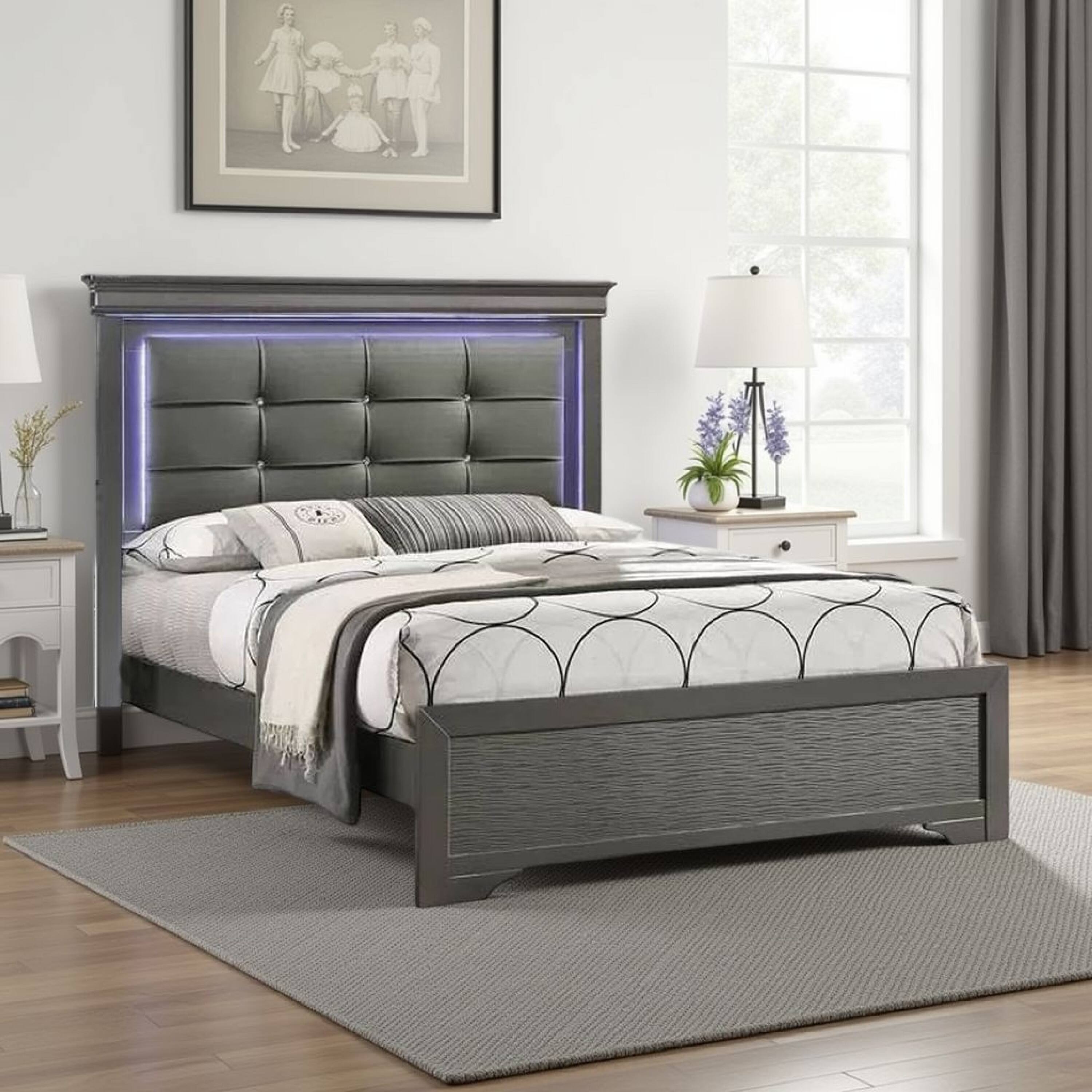 Alt View 2. Manhattan Lane - Grin Queen Size Bed, LED Headboard, Gray Faux Leather Upholstery - Gray.
