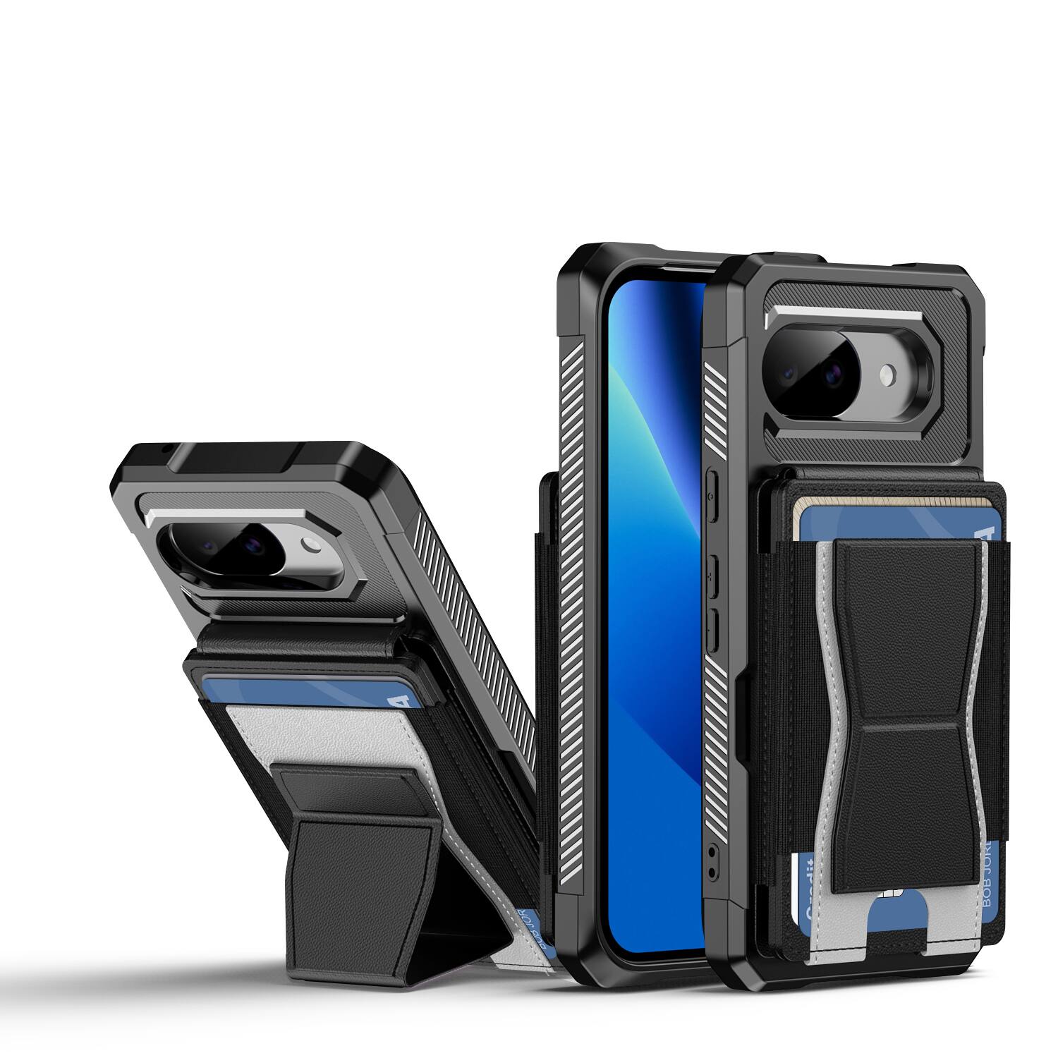 Angle. Dteck - Rugged Wallet Case for Google Pixel 10a, Shockproof Protective Cover with Elastic Card Holder and Kickstand - Black.