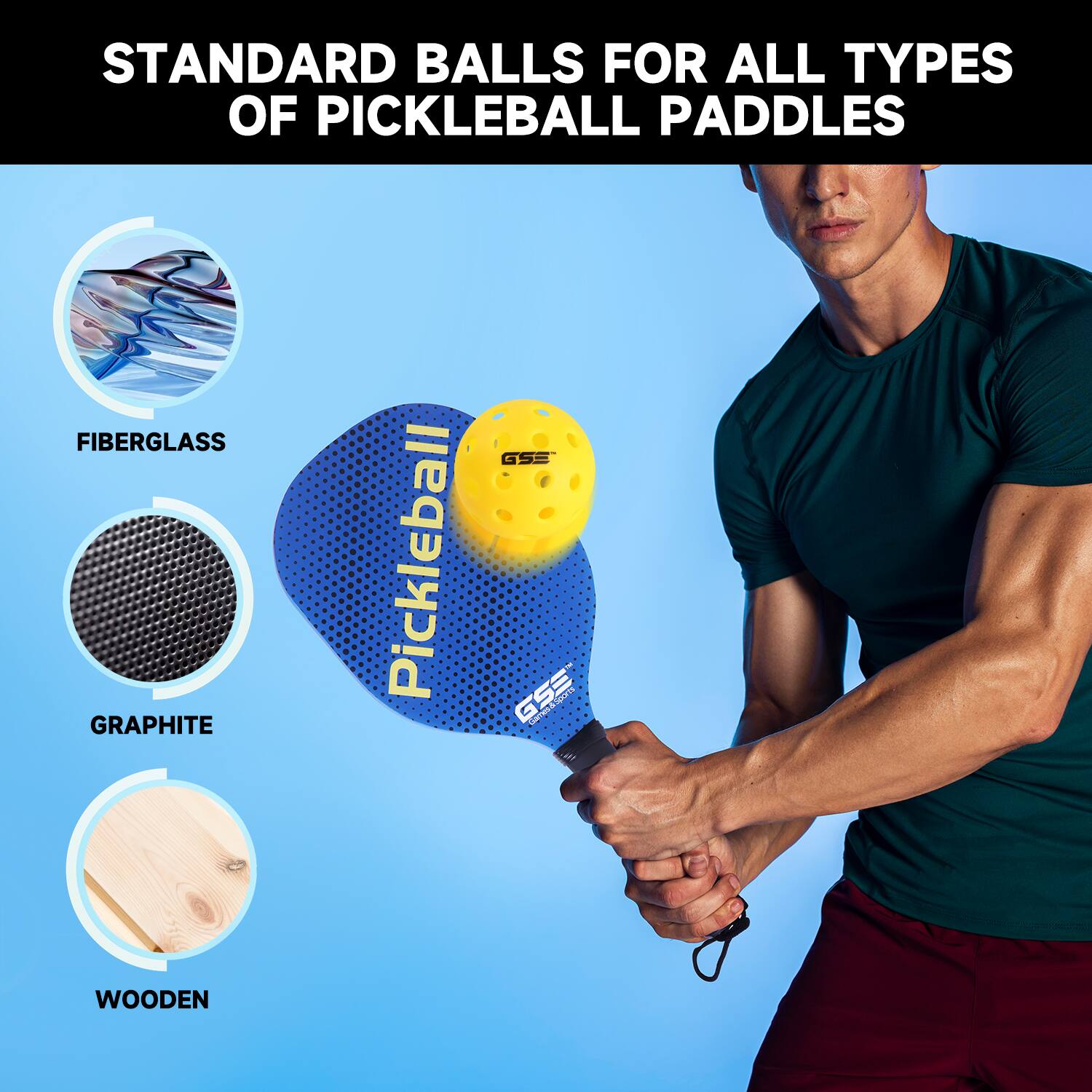 STANDARD BALLS FOR ALL TYPES OF PICKLEBALL PADDLES FIBERGLASS GRAPHITE WOODEN GSE SROO1 d