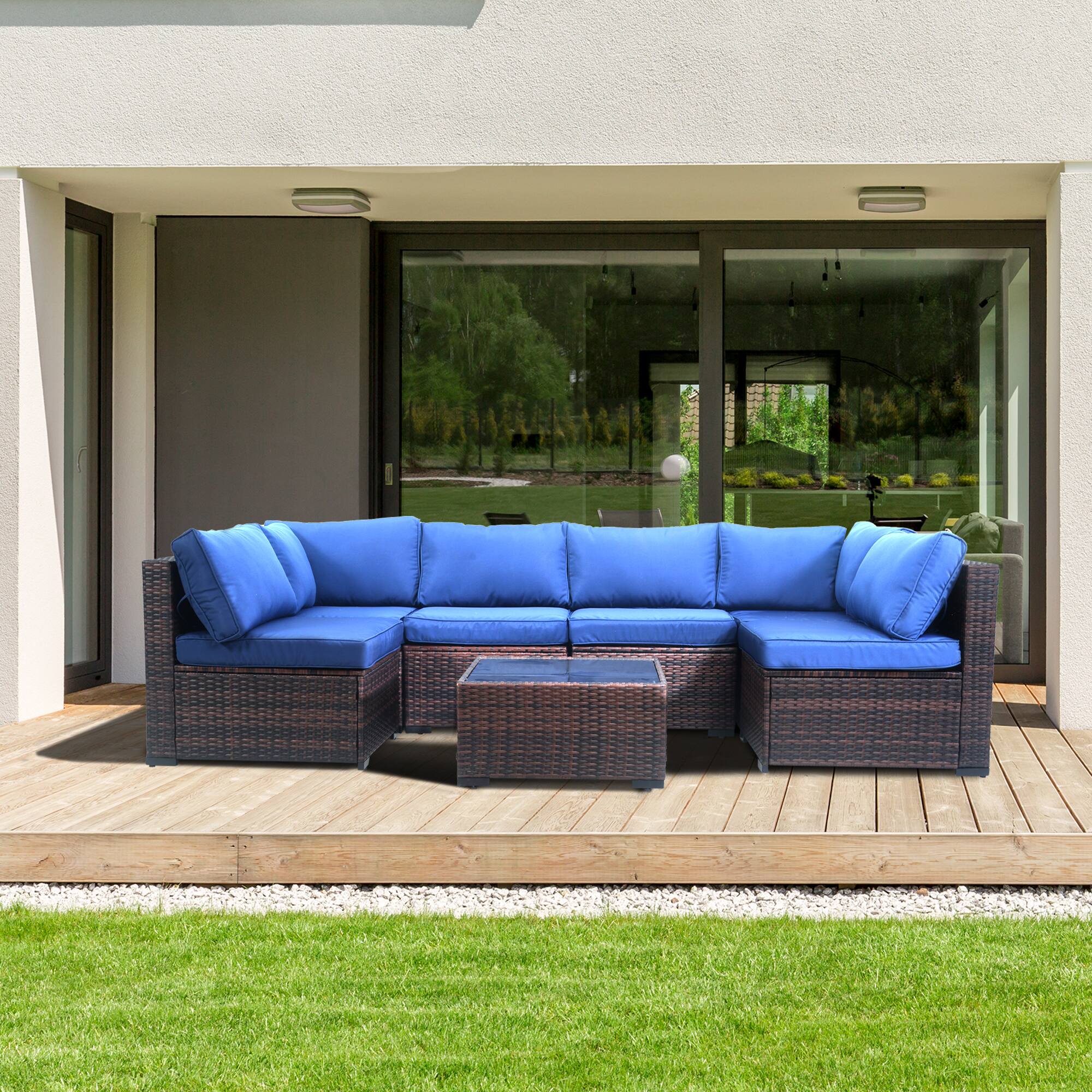 Angle. Yardgrace - 7-Piece Wicker Outdoor Furniture Conversation Set with Thick Cushions and Coffee Table - Blue.
