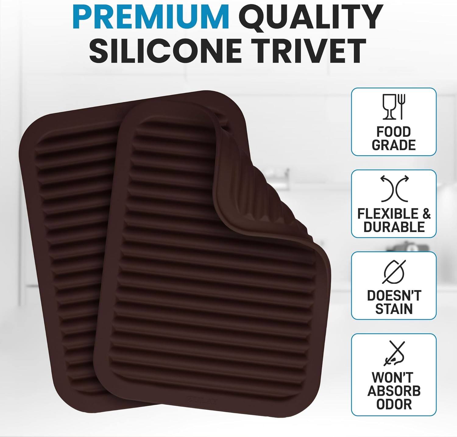 PREMIUM QUALITY SILICONE TRIVET

- FOOD GRADE
- FLEXIBLE & DURABLE
- DOESN'T STAIN
- WON'T ABSORB ODOR