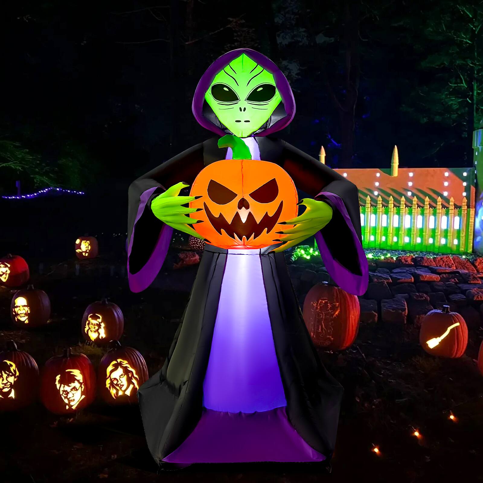 Left. GOOSH Inflatables - GOOSH 8FT Inflatable Alien Holding Pumpkin – Light-Up Halloween Yard Decoration - Black.