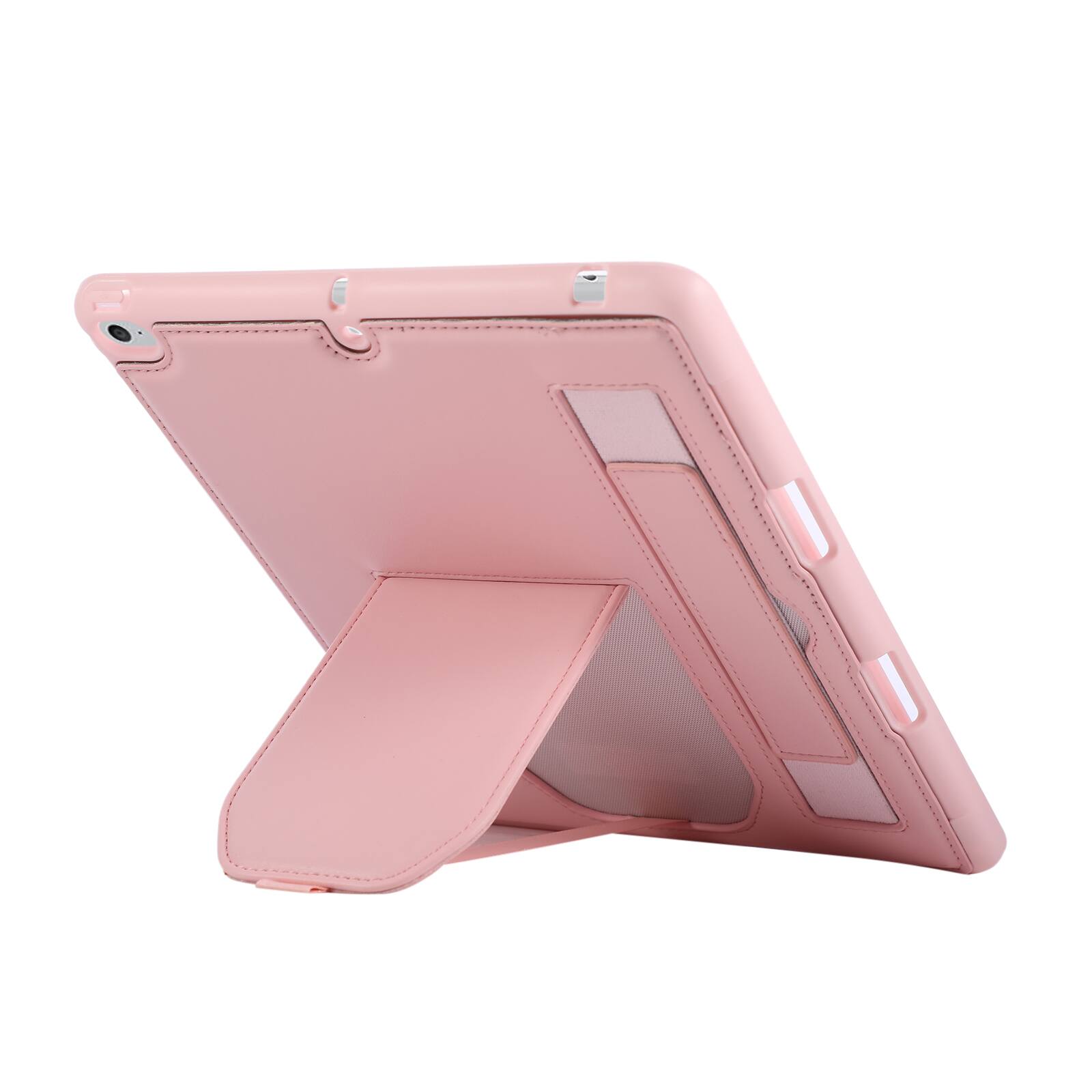 Angle. Dteck - Shockproof Case for Apple iPad (6th Generation) 9.7" 2018 with Hand Strap and Kickstand, PU Leather TPU Protective Cover - Pink.