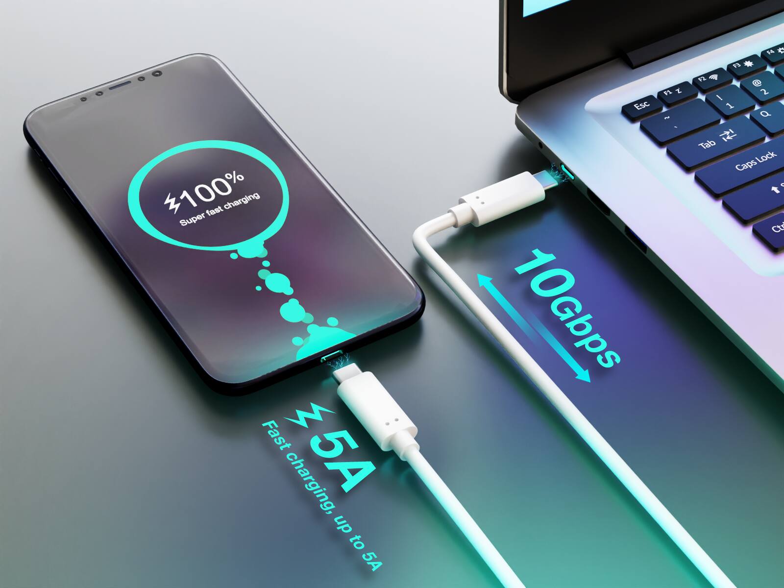 100% fast charging Super Fast M charging, 5A dn to 5A

F1 2 Esc I % 10Gbps

F4  F3 F2 @ / 2 1 Q  Tab Lock Caps < t Ct