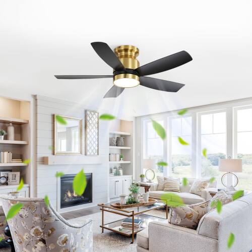 Alt View 2. LUCKY ONE - 42" Flush Mount Ceiling Fan with Light Remote 5 ABS Blades DC Motor - Gold.