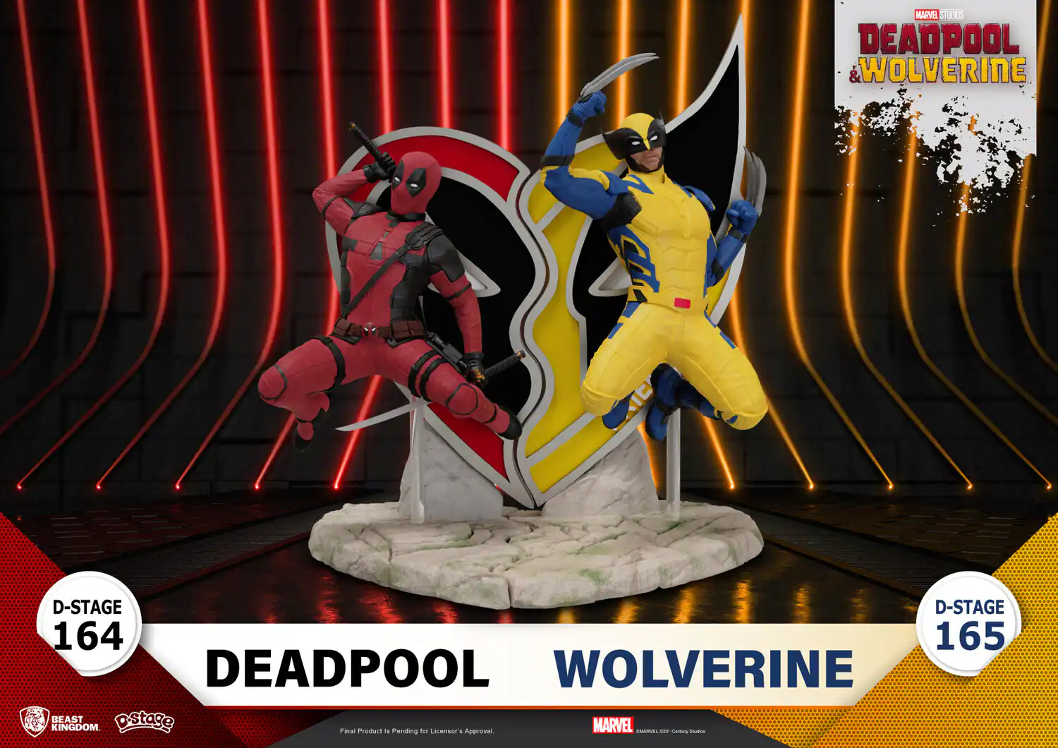MARVEL STUDIOS  
DEADPOOL & WOLVERINE  

D-STAGE 164  
DEADPOOL  

D-STAGE 165  
WOLVERINE  

Final Product is Pending for Licensor's Approval.  

MARVEL  
© 2020 Marvel Studios LLC. All Rights Reserved.  

BEAST KINGDOM  
D-Stage