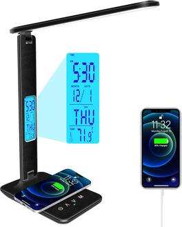 Stamp n Camp - Desk Lamp with Wireless Charger,USB Charging Port Dimmable Office Desk Light with Clock Alarm Date Temperature - Black-Standard Size-13.3 inch