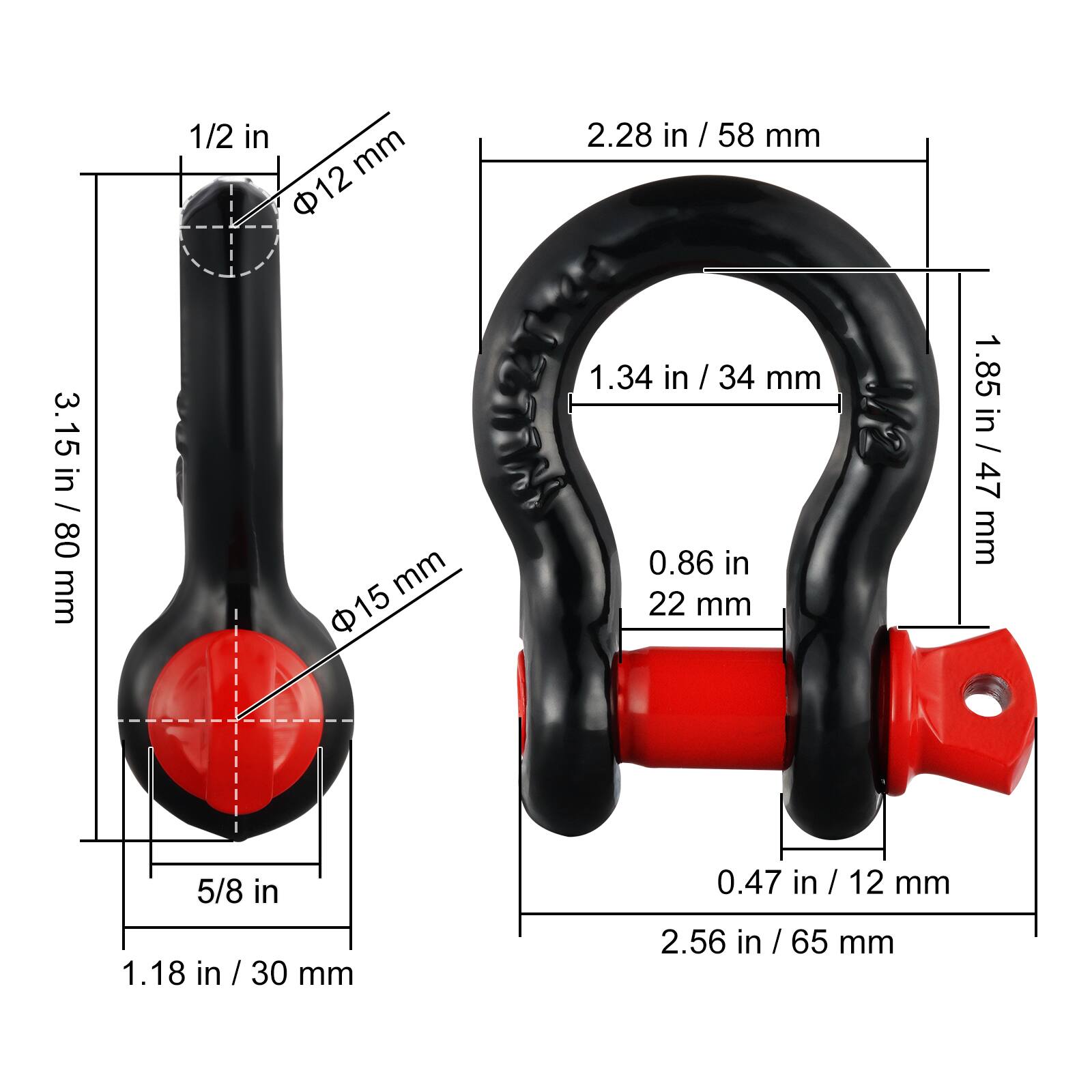1/2 in / 12 mm  
3.15 in / 80 mm  
5/8 in / 30 mm  
1.18 in / 30 mm  
1.34 in / 34 mm  
0.86 in / 22 mm  
0.47 in / 12 mm  
2.28 in / 58 mm  
1.85 in / 47 mm  
2.56 in / 65 mm