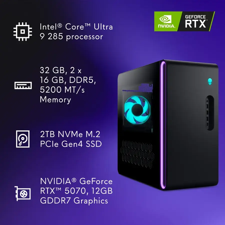 The text on the image reads: "Intel Core Ultra 9 285 processor GEFORCE NVIDIA. RTX 32 GB, 2 X 16 GB, DDR5, 5200 MT/s Memory 2TB NVMe M.2 PCle Gen4 SSD 9 NVIDIA RTX 5070, 12GB GDDR7 Graphics."