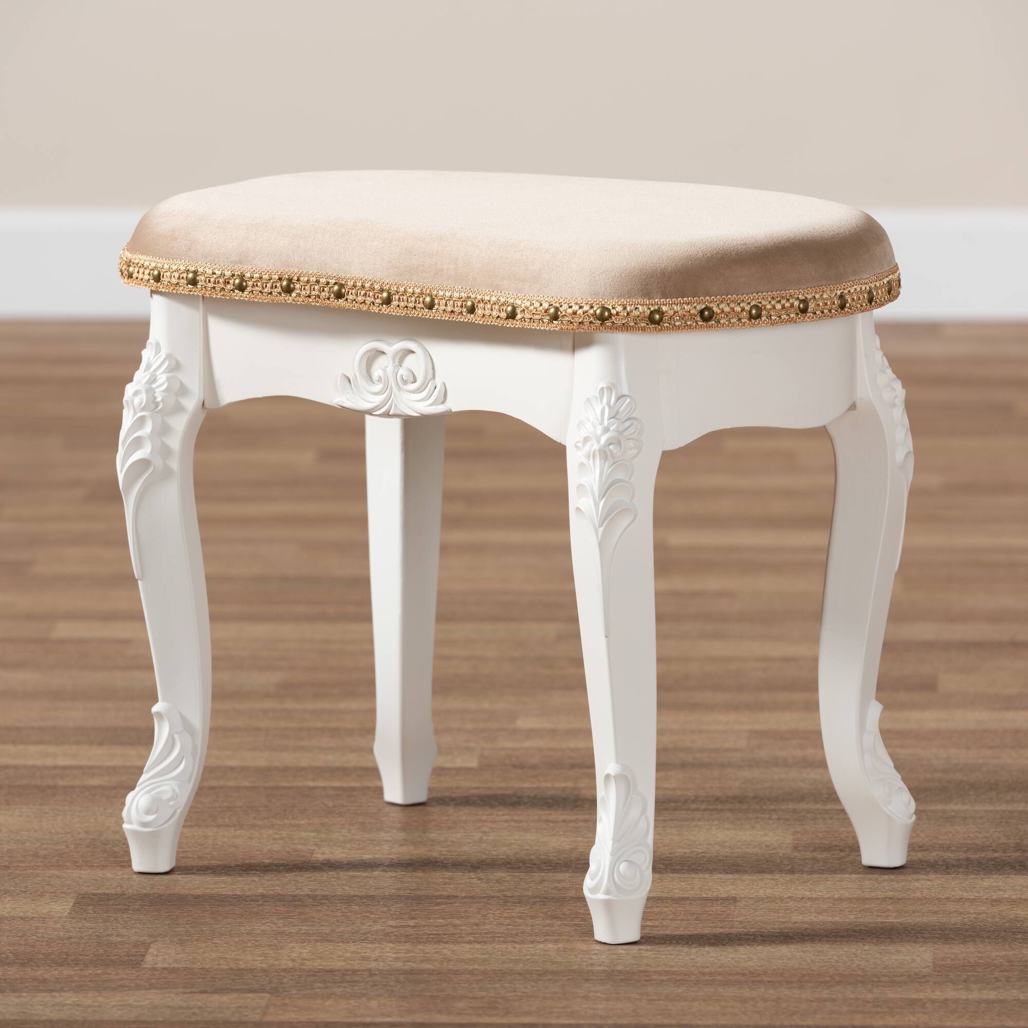Alt View 4. Baxton Studio - Gabrielle Traditional French Country Provincial Sand Velvet Fabric Upholstered White-Finished Wood Vanity Ottoman - Sand/White/Gold.
