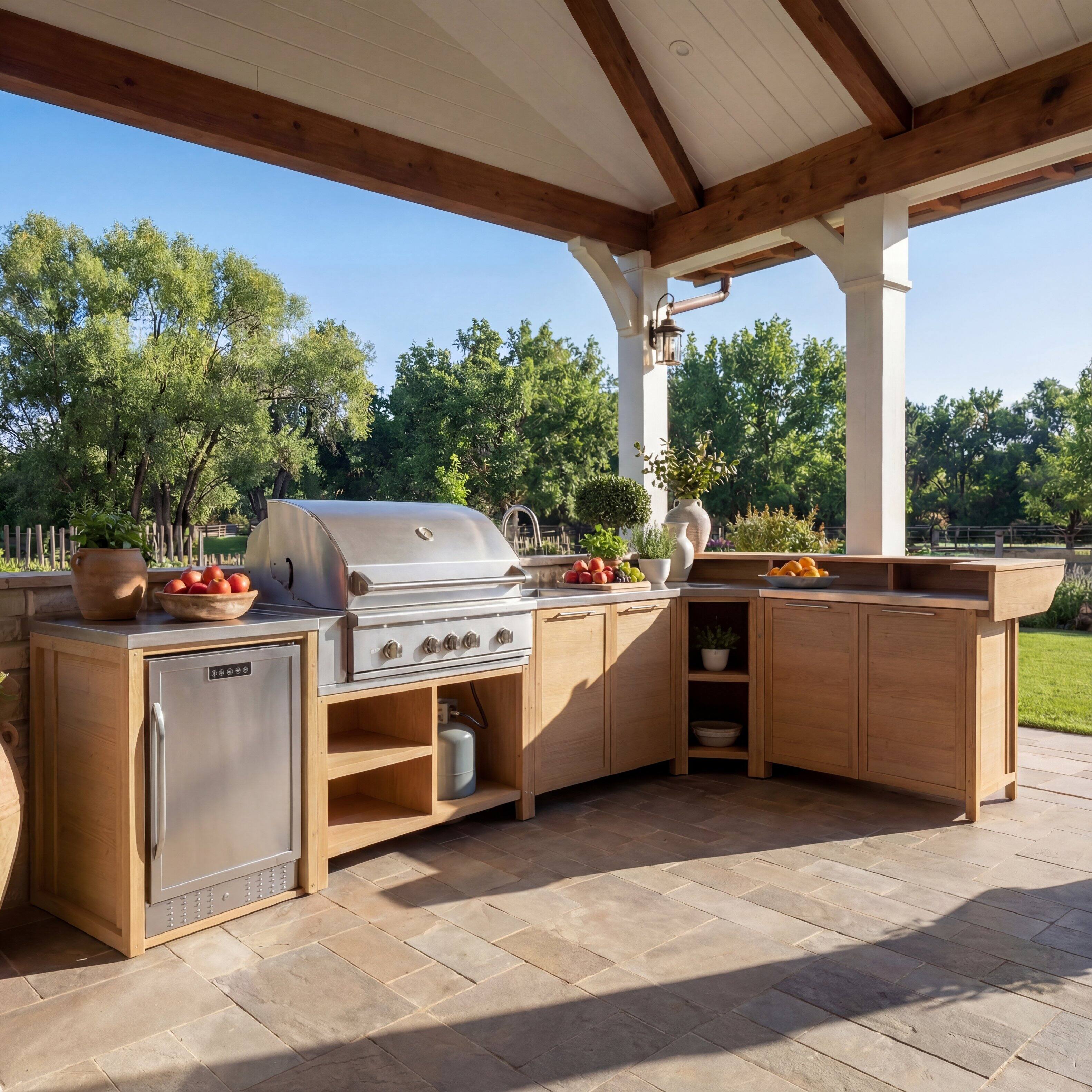 Left. Famapy - Modular Solid Cedar Outdoor Kitchen Cabinets - All-Weather Storage with Stainless Steel Top for Patio, Grill Station - Wooden.