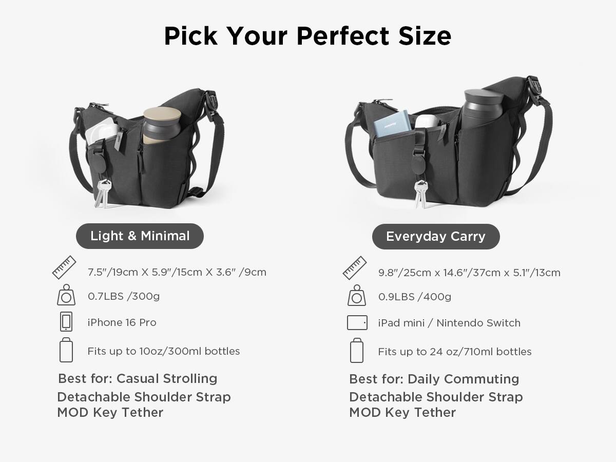 Pick Your Perfect Size

Light & Minimal
7.5" / 19cm X 5.9" / 15cm X 3.6" / 9cm
0.7LBS / 300g
iPhone 16 Pro
Fits up to 10oz / 300ml bottles
Best for: Casual Strolling
Detachable Shoulder Strap
MOD Key Tether

Everyday Carry
9.8" / 25cm X 14.6" / 37cm X 5.1" / 13cm
0.9LBS / 400g
iPad mini / Nintendo Switch
Fits up to 24 oz / 710ml bottles
Best for: Daily Commuting
Detachable Shoulder Strap
MOD Key Tether