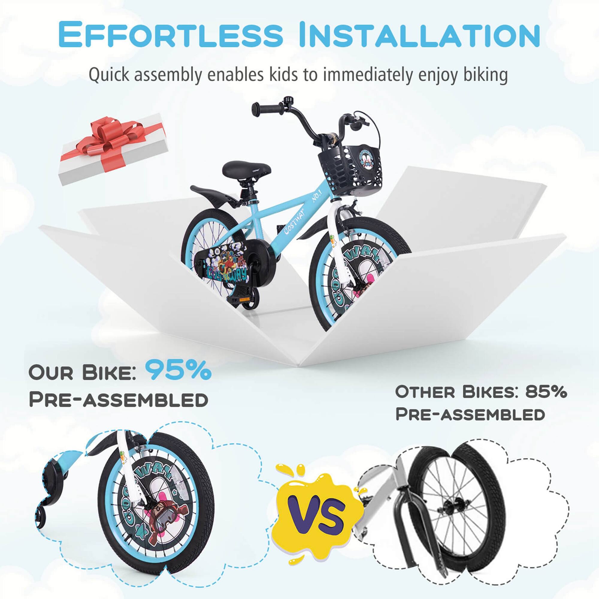 EFFORTLESS INSTALLATION  
Quick assembly enables kids to immediately enjoy biking  

OUR BIKE: 95% PRE-ASSEMBLED  

VS  

OTHER BIKES: 85% PRE-ASSEMBLED