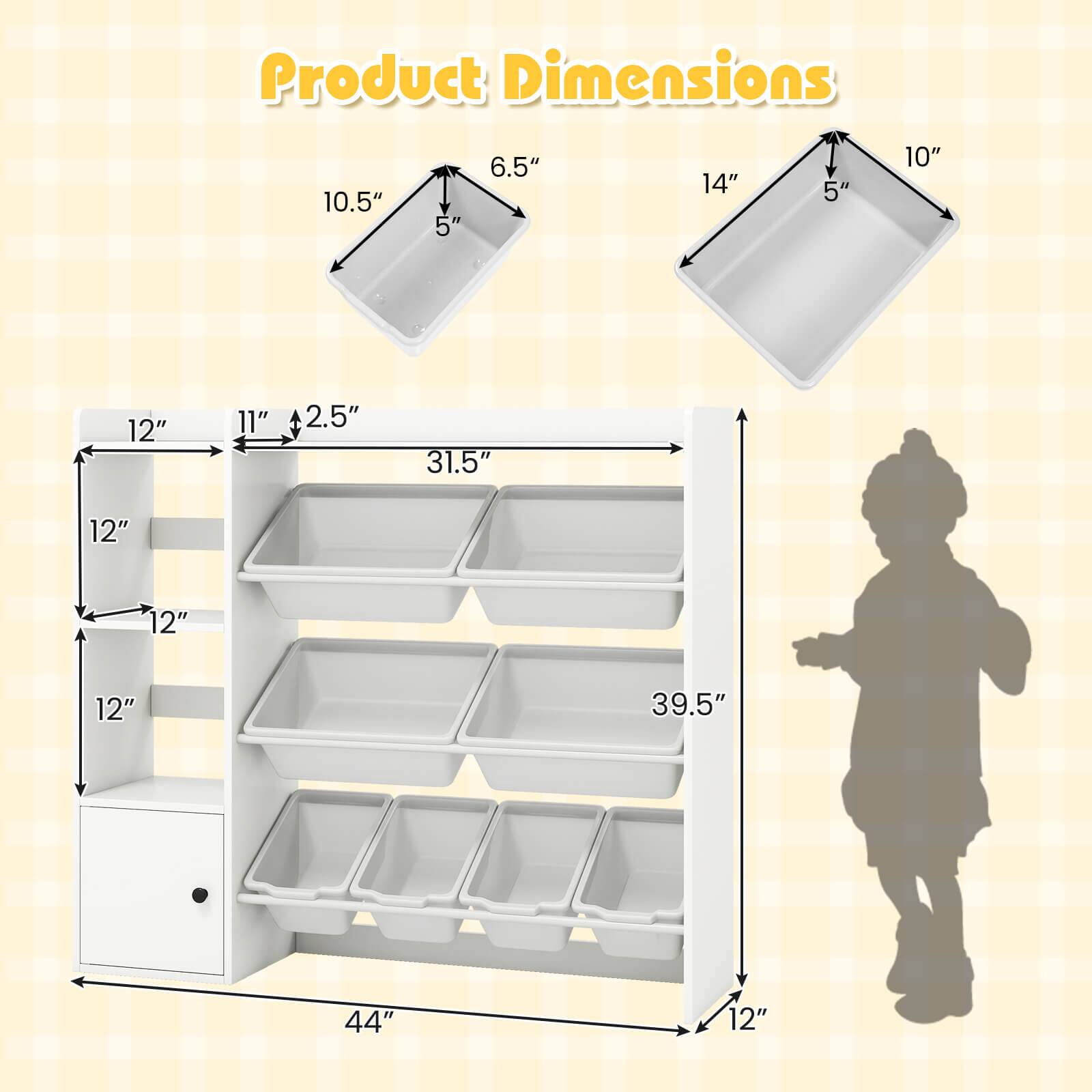 Product Dimensions

- 10.5" x 5" x 6.5"
- 14" x 5" x 10"
- 12" x 11" x 2.5"
- 31.5" x 12" x 12"
- 39.5" x 12" x 12"
- 44" x 12" x 12"