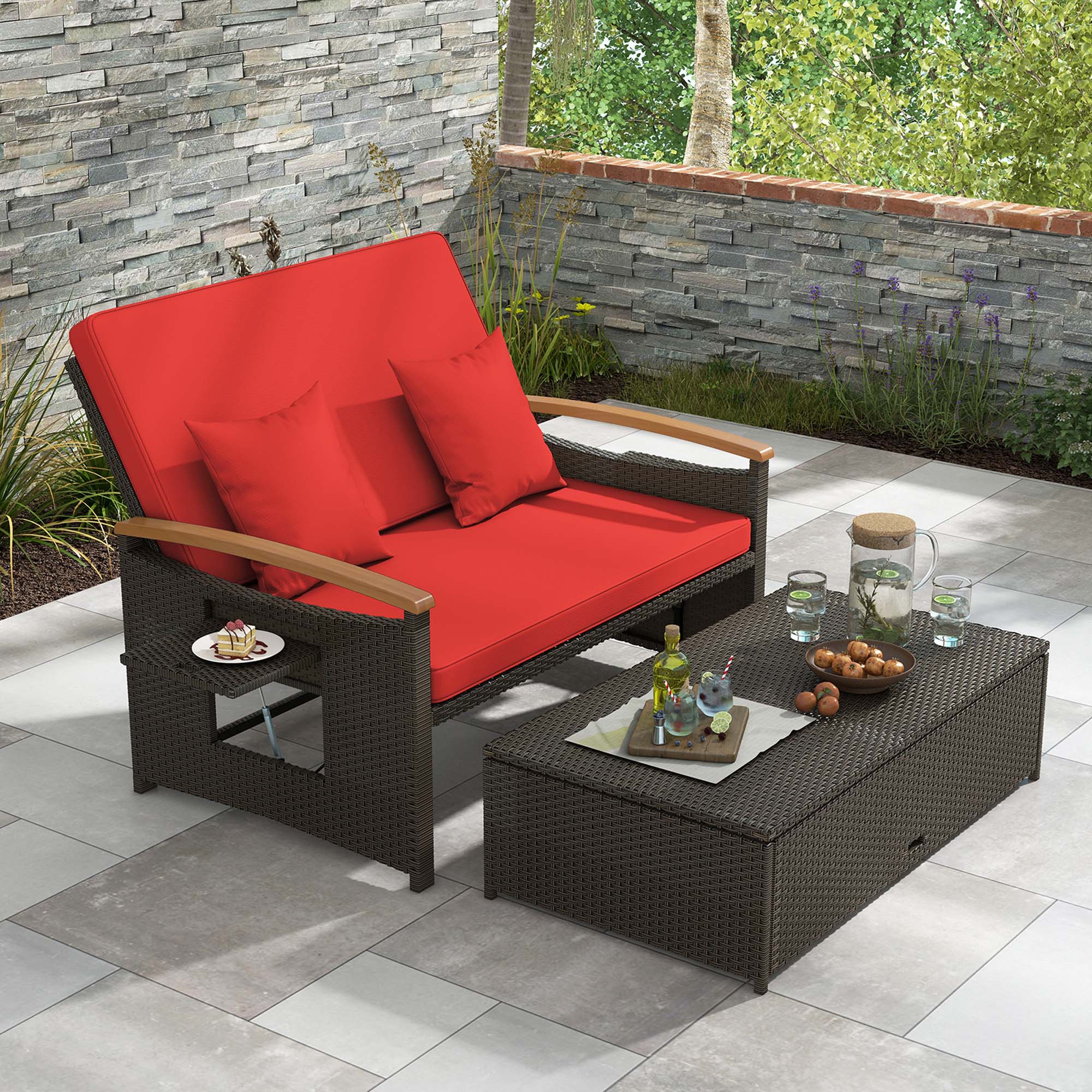 Angle. Costway - Patio Rattan Daybed Set with Cushioned Loveseat & Storage Ottoman for Porch - Red + Mix Brown.