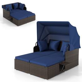 Costway - Patio Rattan Daybed Lounge Retractable Top Canopy Side Tables Cushions - Mix Brown + Navy