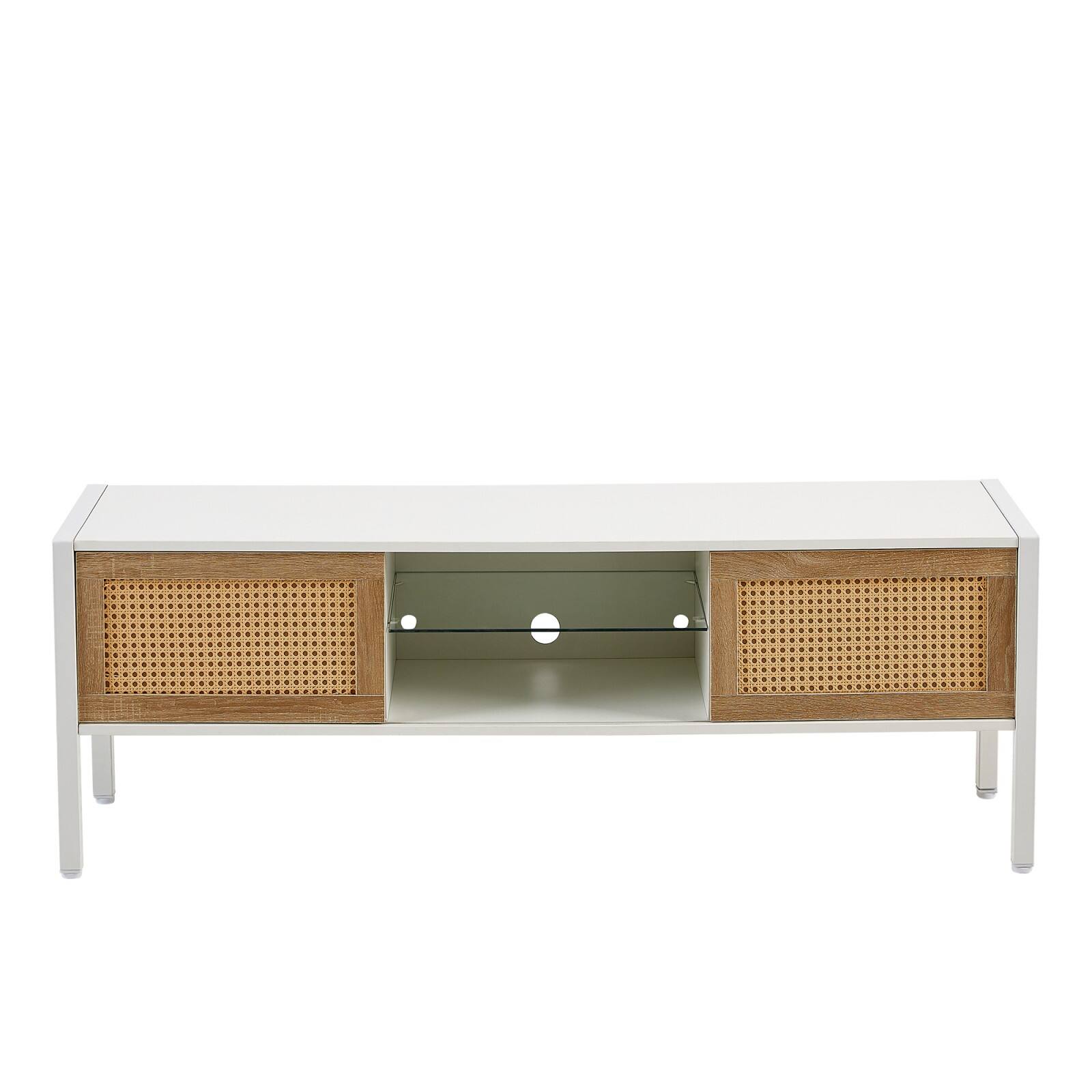 Alt View 10. Ecooso - 54.33" Rattan TV cabinet，variable color light strip, double sliding doors for storage,  adjustable shelf, metal legs - White.