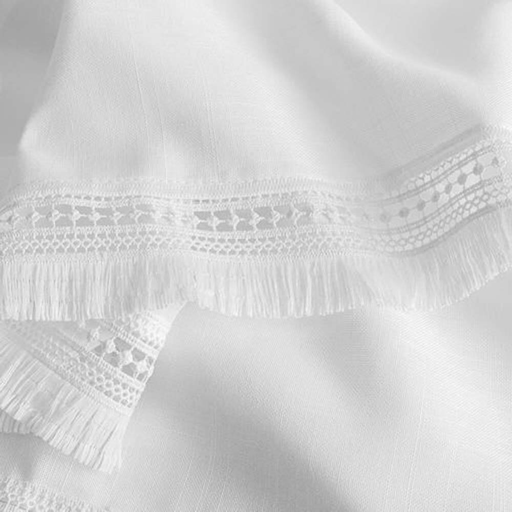 Left. Ellis Curtain - Ellis Intricate Brush Fringe Sewn on Inside Edge and Bottom 1.5" Rod Pocket Tailored Tier 80"x36" White - White.