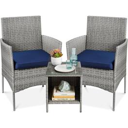 Hivvago - 3-Piece Grey PE Wicker Outdoor Patio Furniture Dining Set w/ Navy Blue Cushions - Gray, Blue
