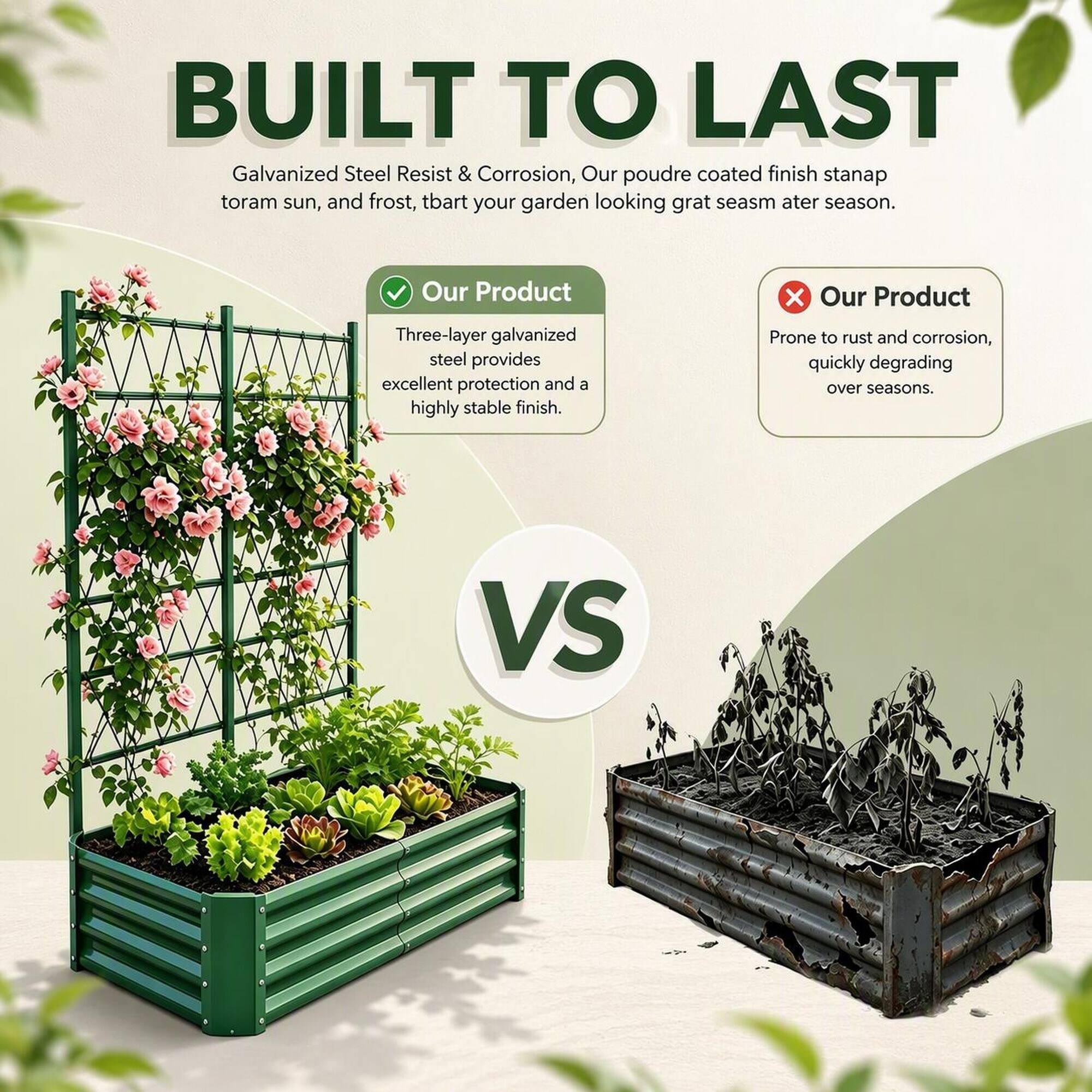 BUILT TO LAST

Galvanized Steel Resist & Corrosion, Our powder coated finish stands up to sun, and frost, keeping your garden looking great season after season.

Our Product
Three-layer galvanized steel provides excellent protection and a highly stable finish.

VS

Our Product
Prone to rust and corrosion, quickly degrading over seasons.