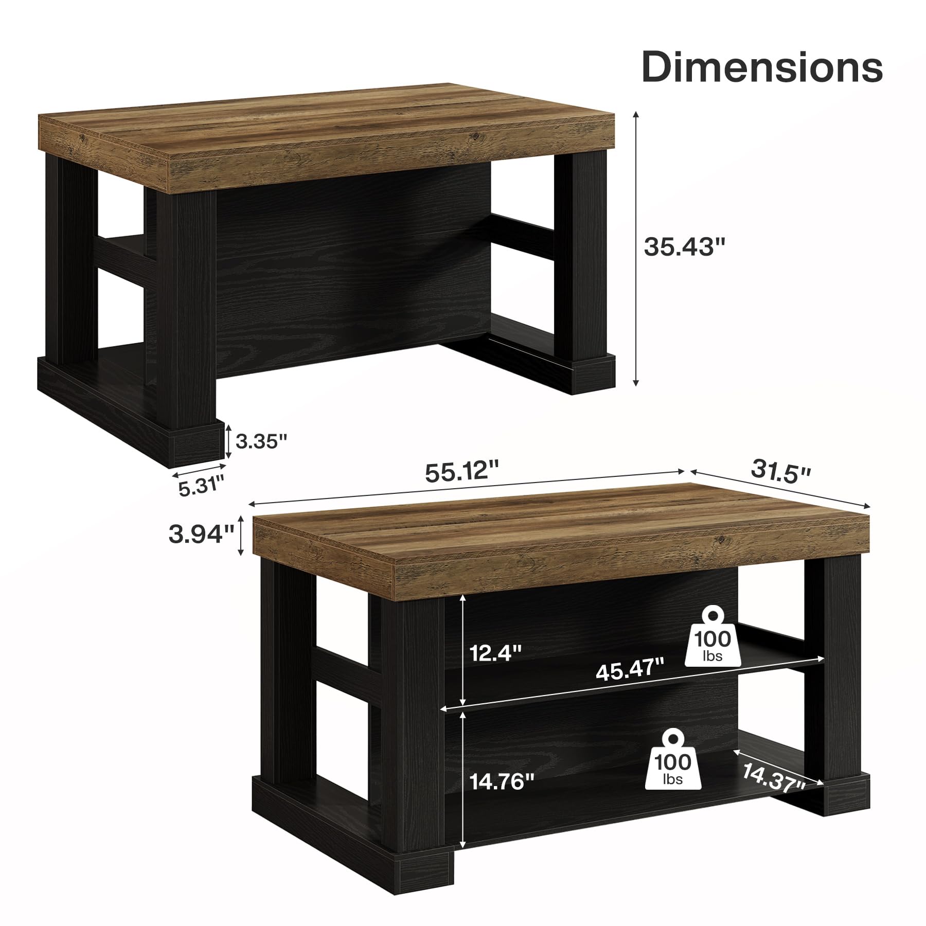 Dimensions  
35.43"  
3.35" 5.31" 3.94"  
55.12"  
31.5"  
12.4"  
100 lbs 45.47"  
14.76"  
100 lbs  
14.37"