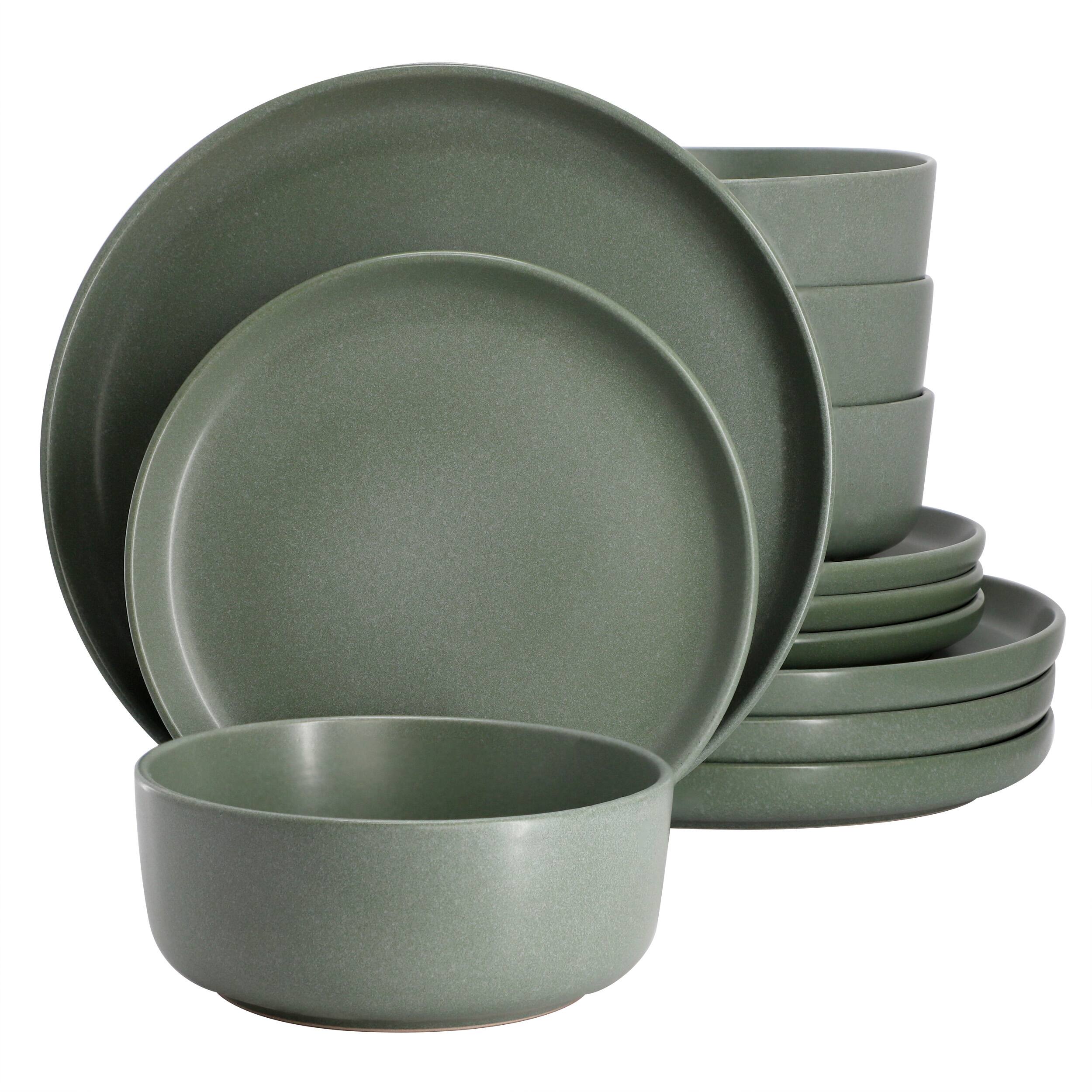 Front. Gibson - Gibson Soho Lounge Bryant Park 12 Piece Reactive Stoneware Dinnerware Set in Sage Green - Sage Green.