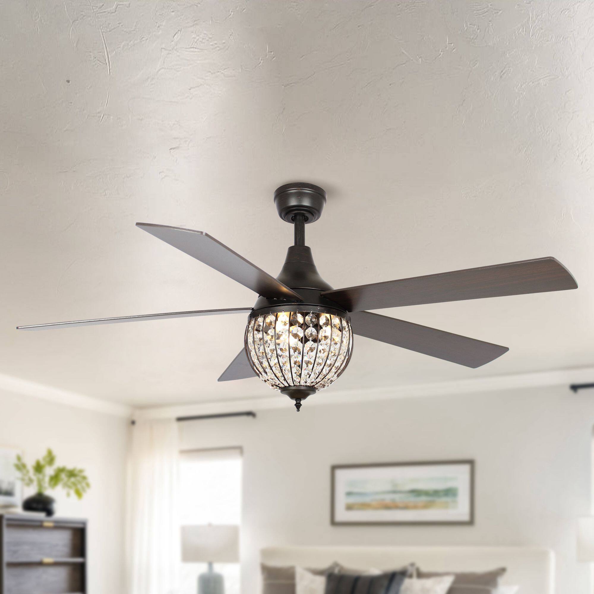 Angle. Parrot Uncle - 52" Farmhouse 5-Blade Crystal Ceiling Fan with Remote Control - Bronze.