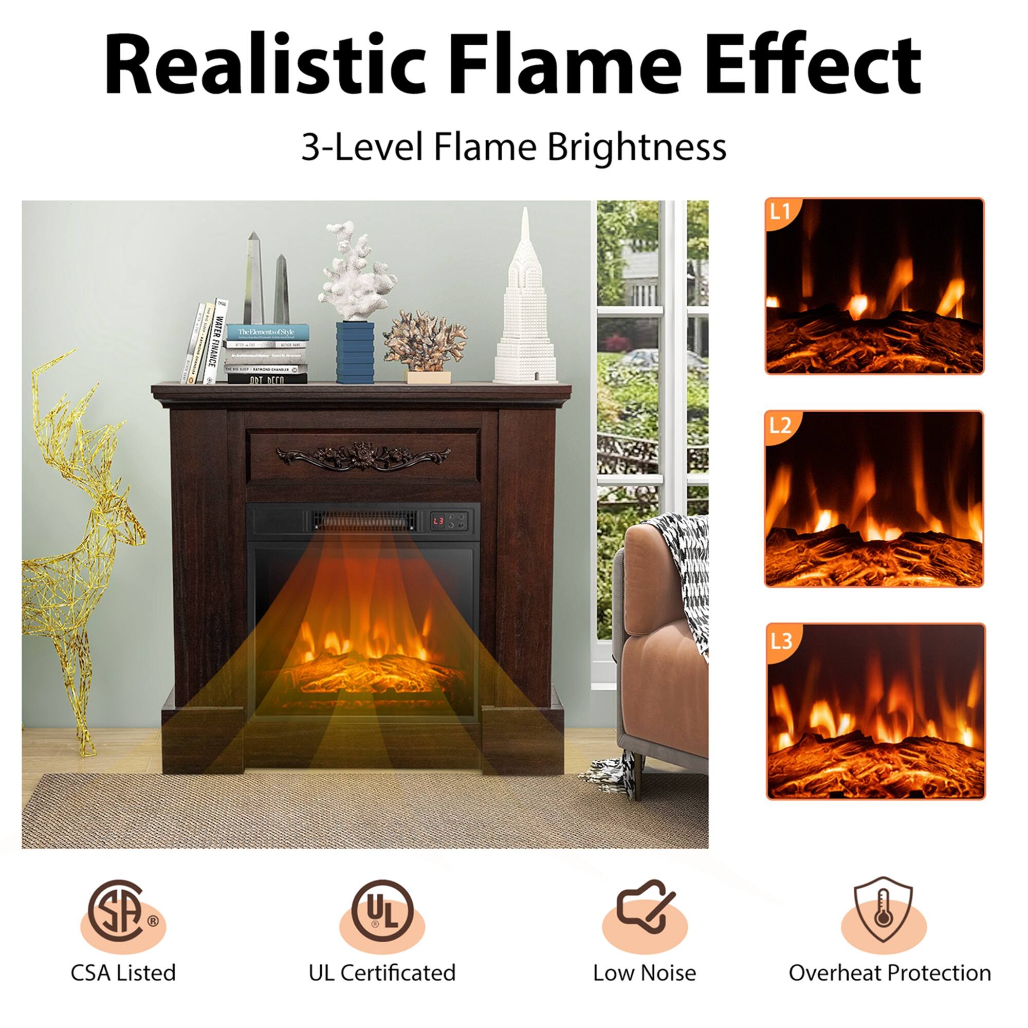Realistic Flame Effect  
3-Level Flame Brightness  

L1  
L2  
L3  

CSA Listed  
UL Certificated  
Low Noise  
Overheat Protection
