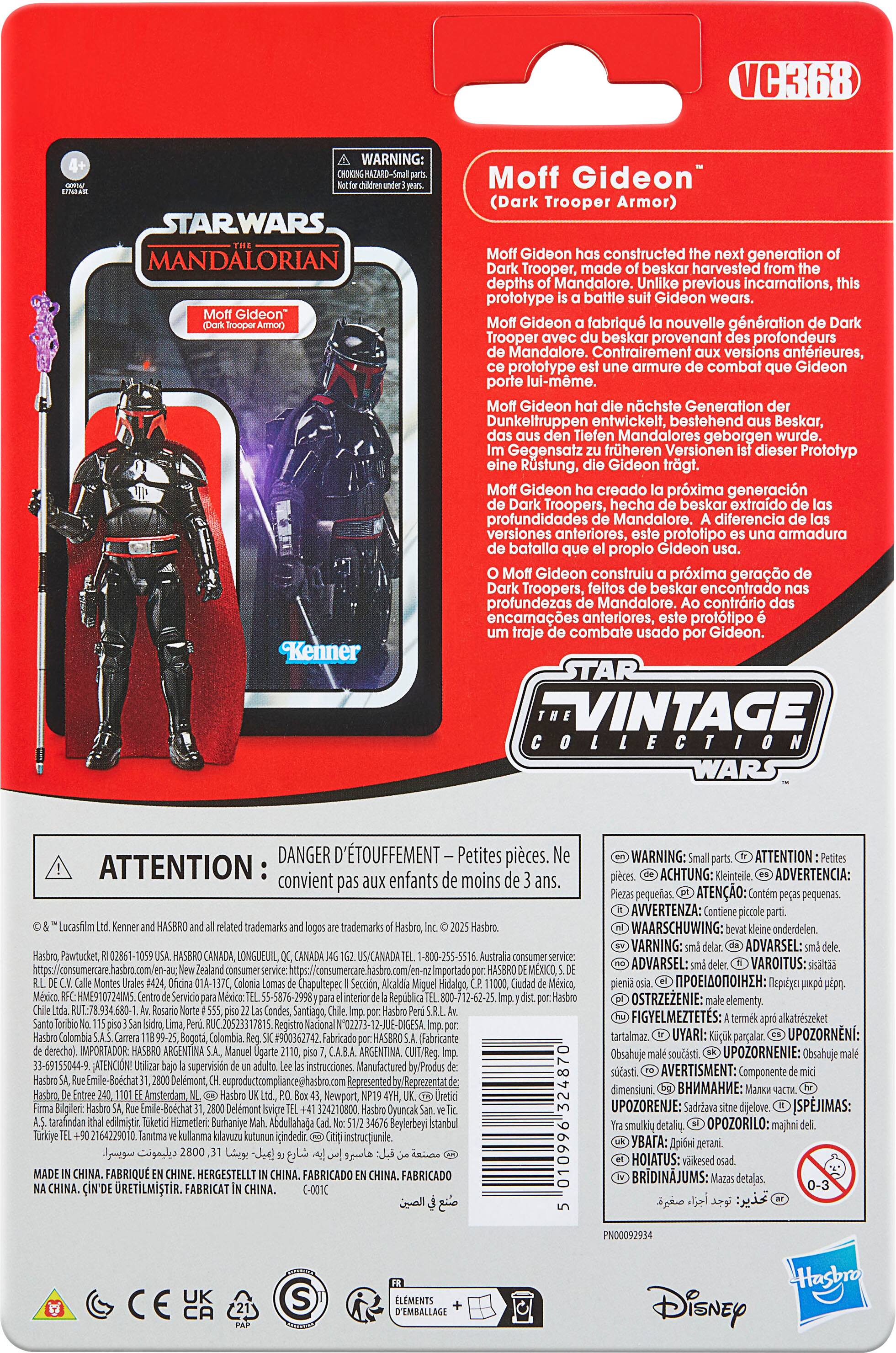 VC368 WARNING: STARWARS MANDALORIAN Gideon Kenner Moff Gideon (Dark Trooper Armor) Gideon constructed generation Trooper, made beskar harvested depths Mandalore. Unlike previous incarnations, prototype battle Gideon wears. Gideon next Generation Dark Trooper developed, consisting of Beskar, Mandalore's depths. Different from earlier versions, this prototype armor is worn by Gideon himself. VINTAGE WARS DANGER D'TOUFFEMENT Small parts. Attention not suitable for children.