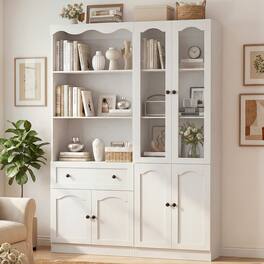 Aheaplus - 80'' Tall Bookcase with Drawer and Glass Doors, 51.1'' Width Bookshelf with Adjustable Shelves, 2 Packs - White