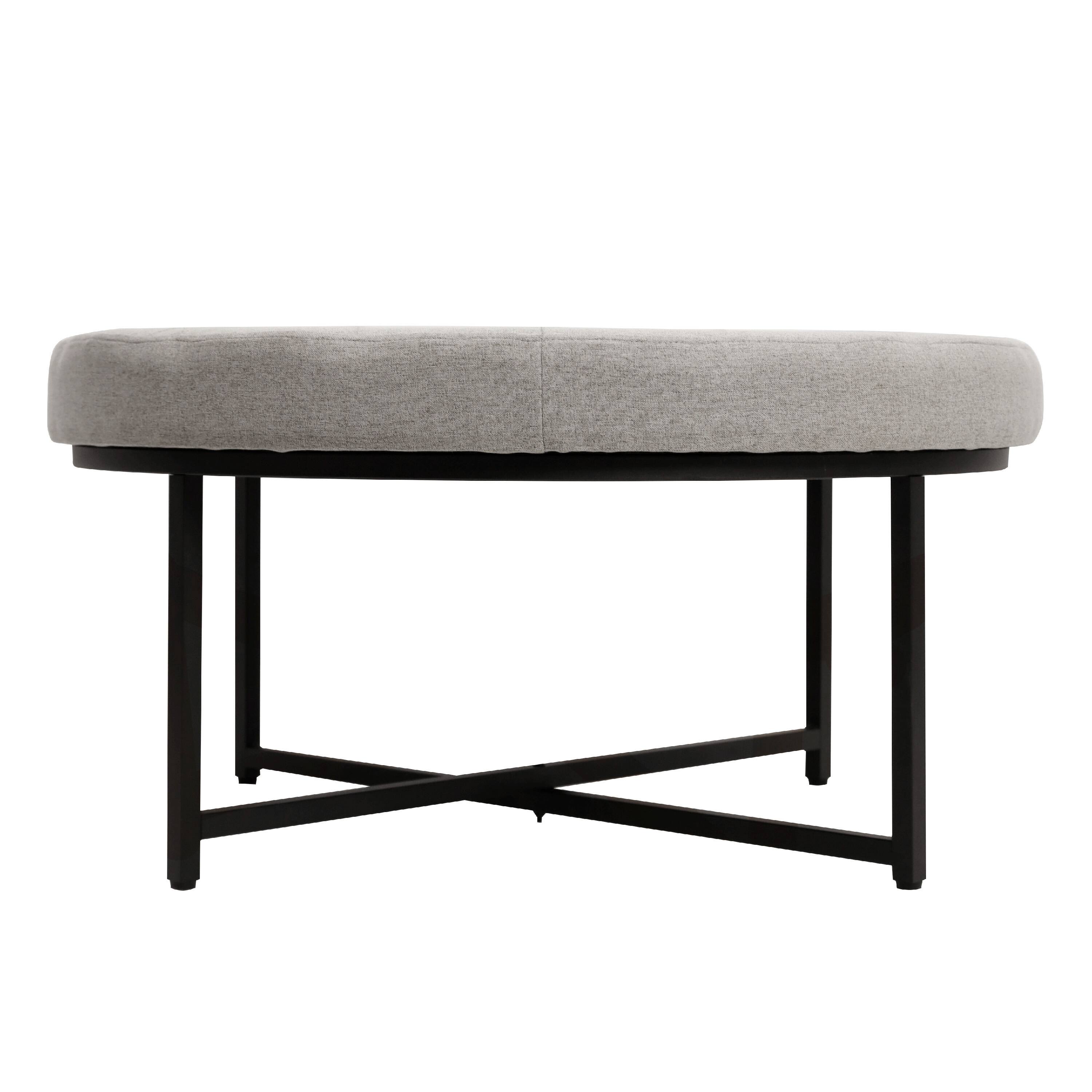 Alt View 5. Emma + Oliver - Aranda 34 in. Cotton Linen Round Ottoman with Tufted Design and Sturdy Iron Frame - Gray.