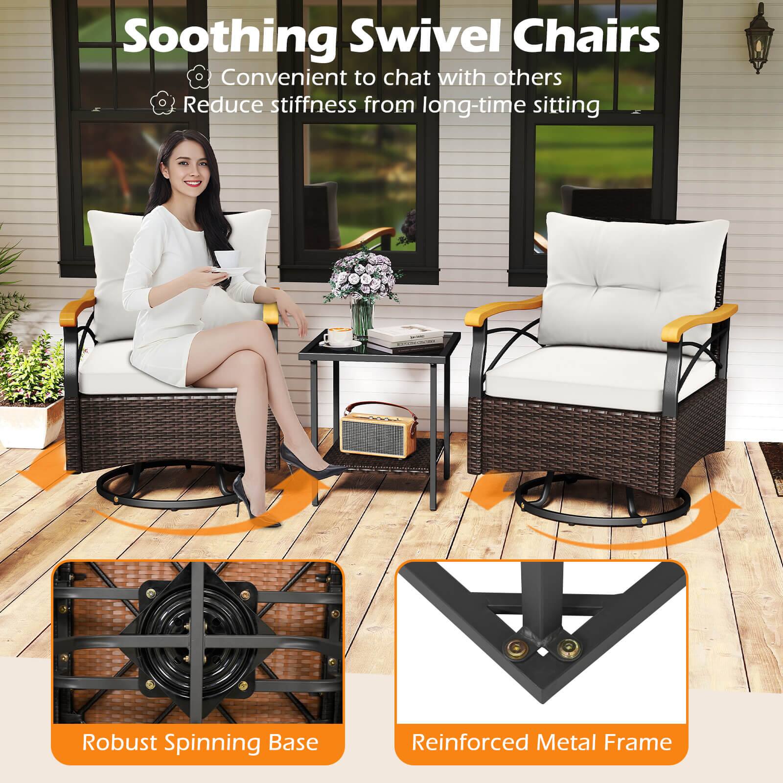 Soothing Swivel Chairs  
Convenient to chat with others  
Reduce stiffness from long-time sitting  

Robust Spinning Base  
Reinforced Metal Frame