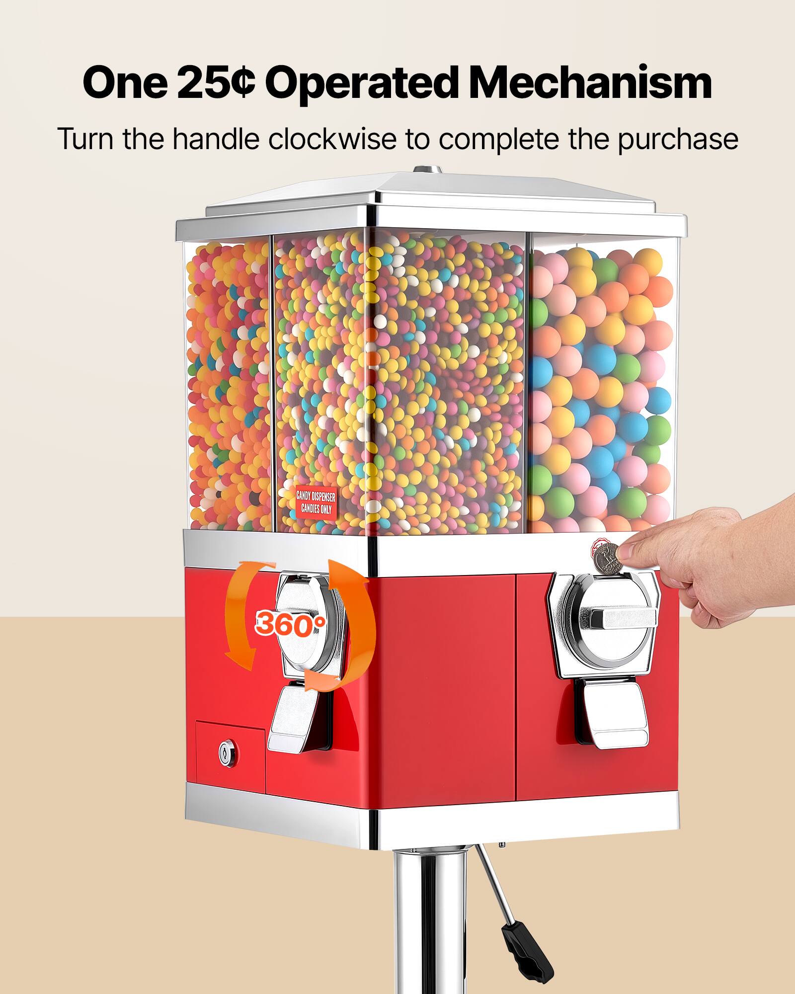 One 25¢ Operated Mechanism  
Turn the handle clockwise to complete the purchase