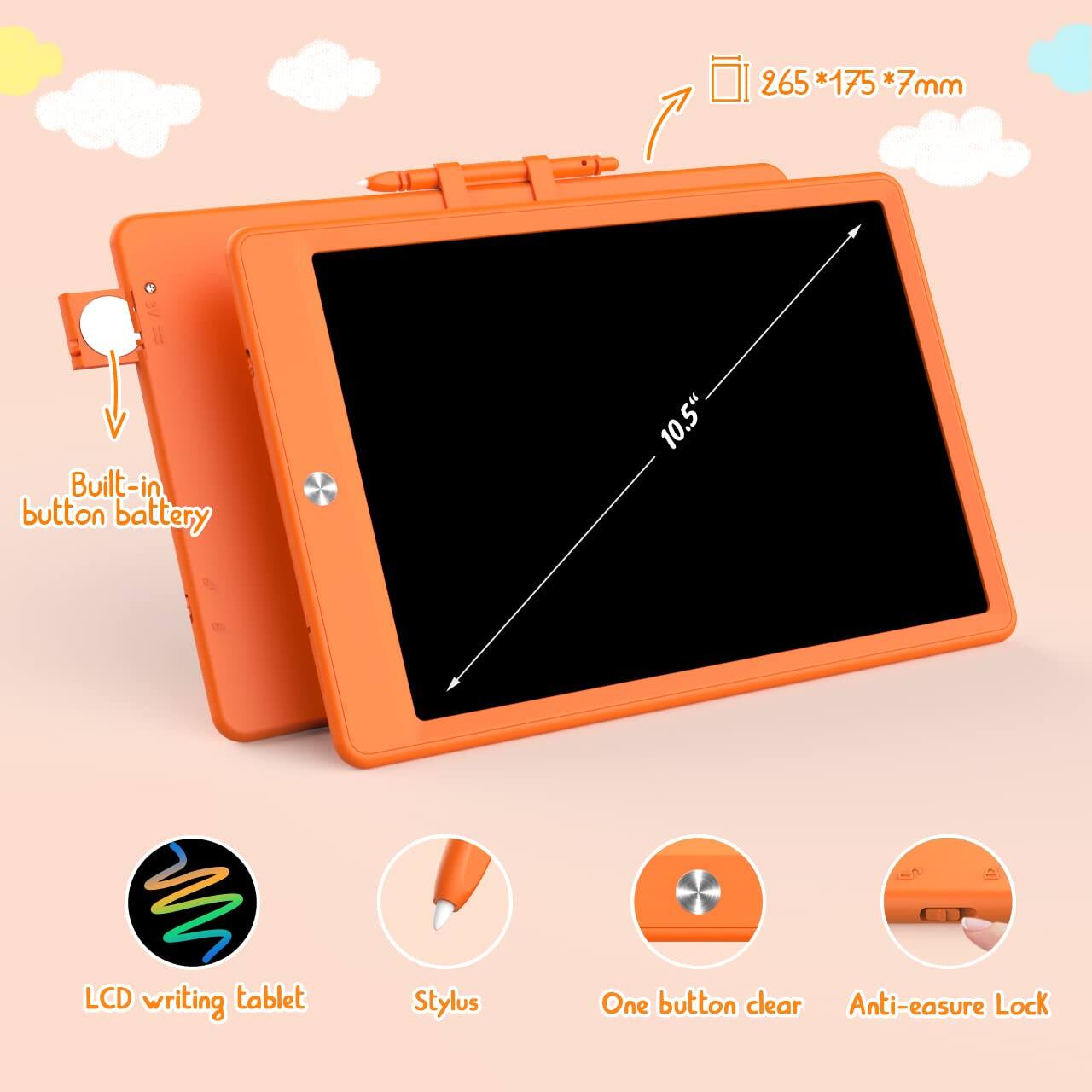 265*175*7mm  
Built-in button battery  
10.5" LCD writing tablet  
Stylus  
One button clear  
Anti-erase Lock